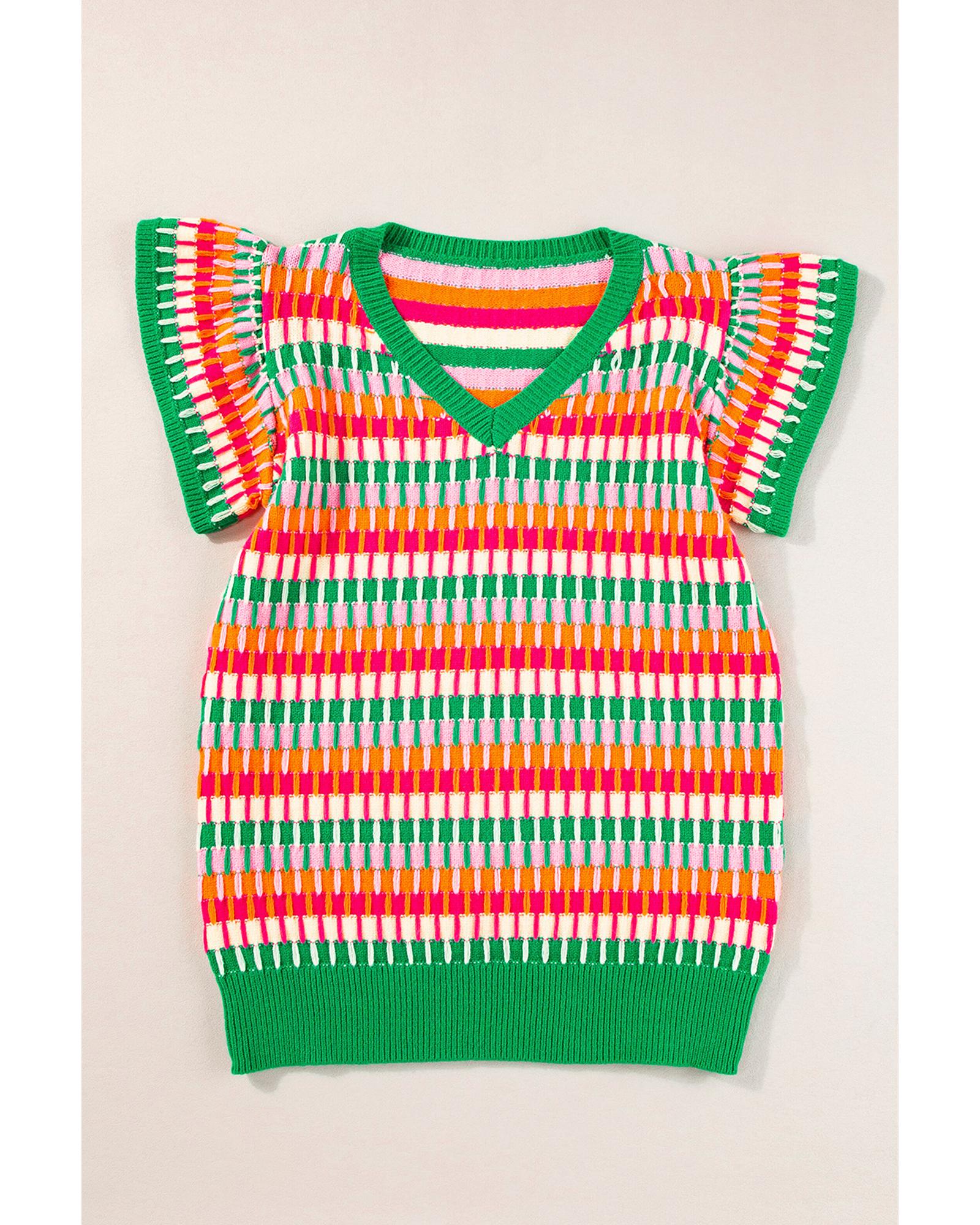 V539-AZEXDC276441-P922-XL-202508300420-00 Green Multi Flutter Sleeve Knitted Sweater Top - XL - Image 1