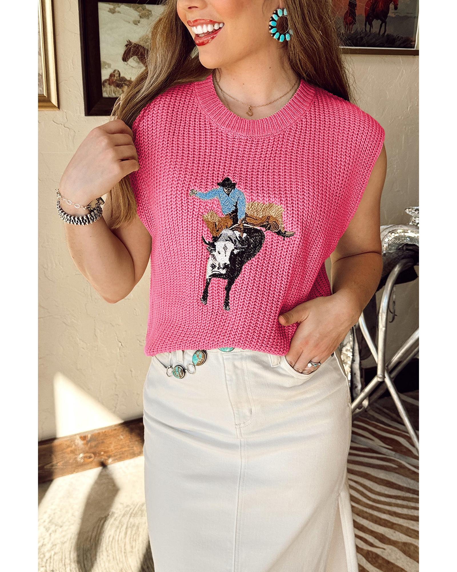 V539-AZEXDC276760-P106-L-202508281725-00 Bright Pink Western Cowboy Embroidery Round Neck Sleeveless Sweater - L - Image 1