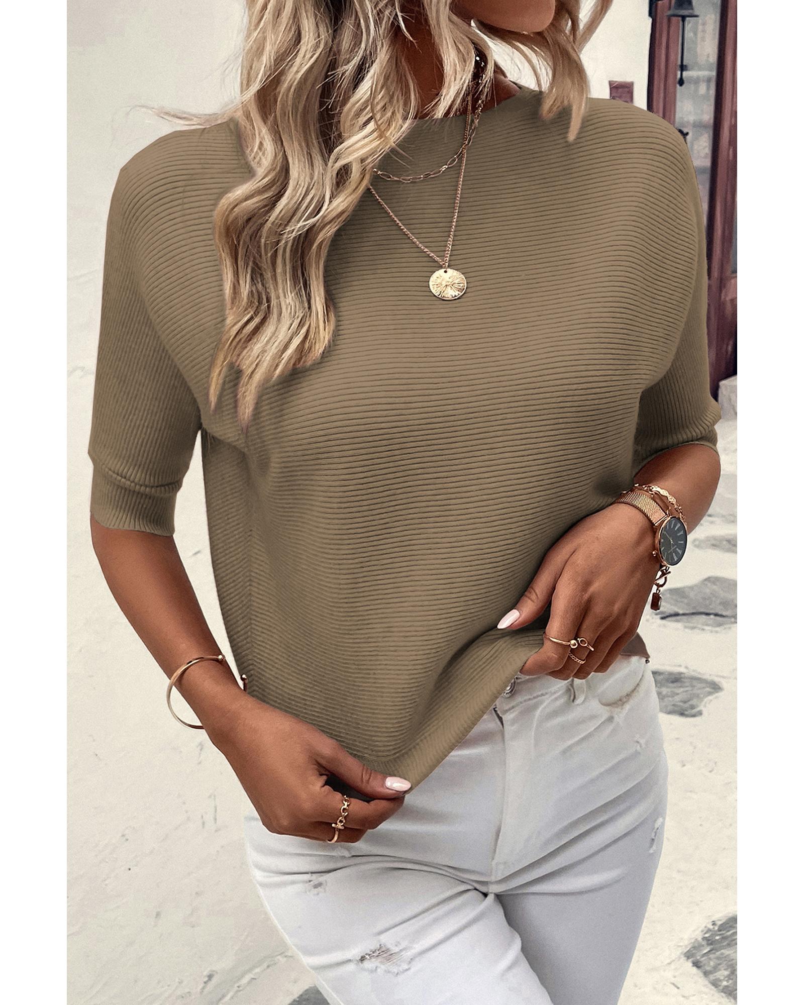 V539-AZEXDC277064-P1017-L-202508281210-00 Coffee Round Neck Half Sleeve Ribbed Knit Top - L - Image 1