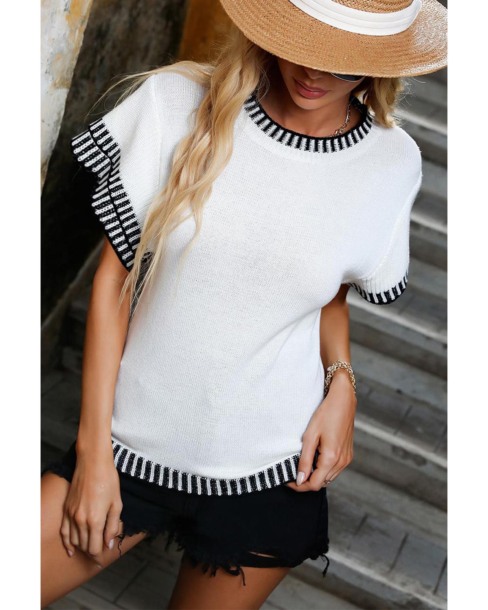 V539-AZEXDC277172-P1-XL-202508292020-00 White Contrast Trim Round Neck Batwing Sleeve Knitted Top - XL - Image 1
