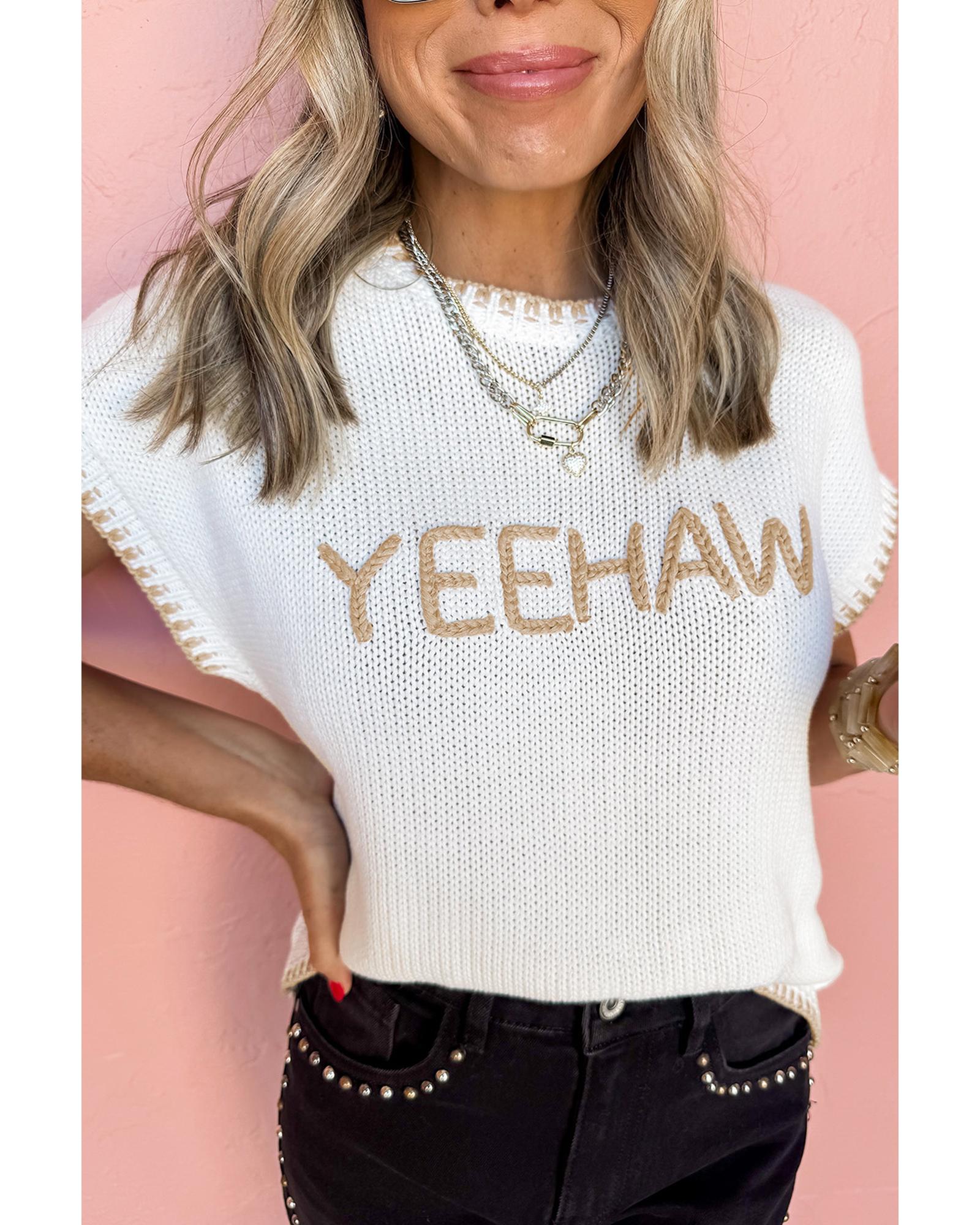 V539-AZEXDC277717-P1-L-202508280910-00 White Knitted YEEHAW Stitch Edge Crew Neck Sweater T Shirt - L - Image 1