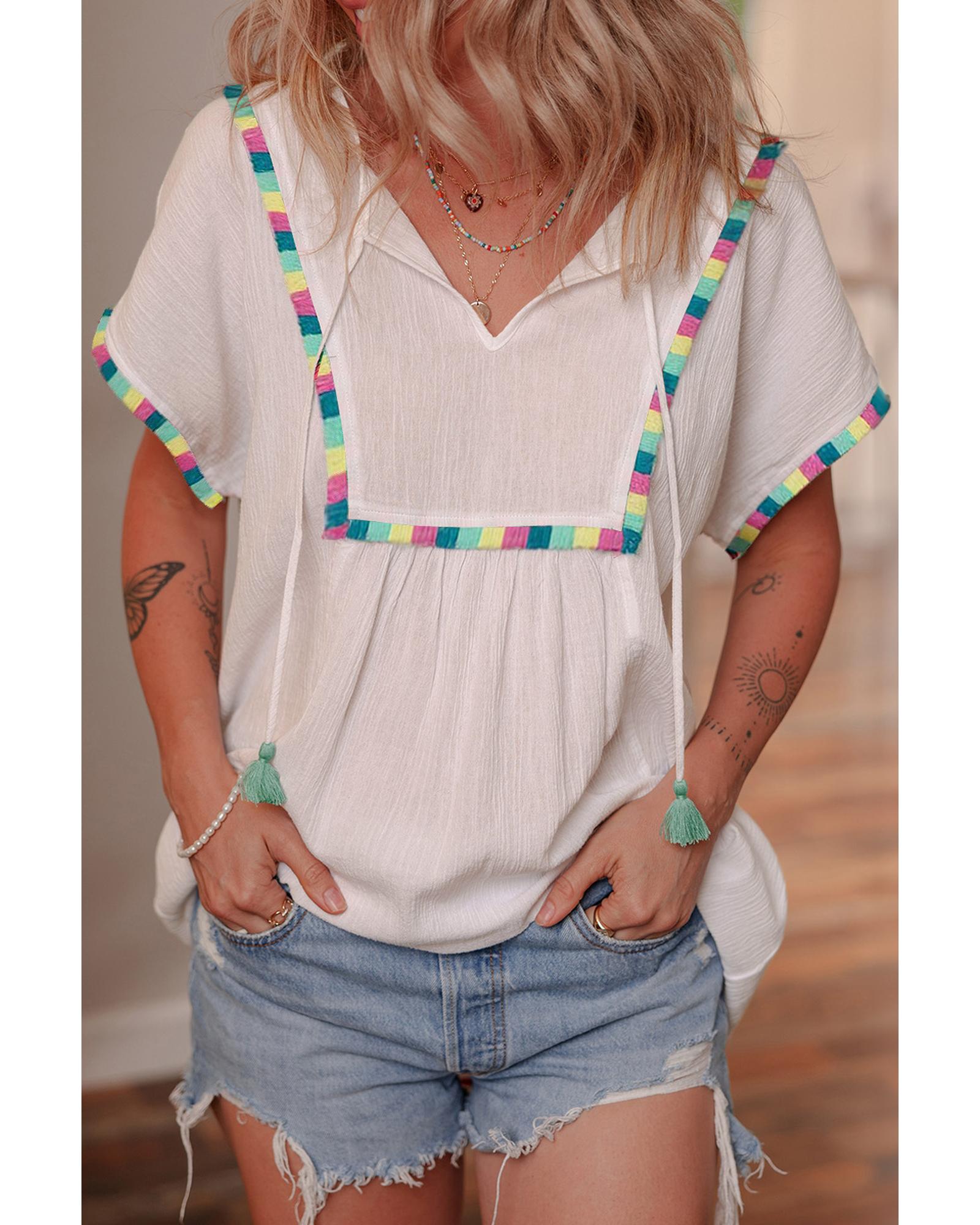 V539-AZEXDC4211094-P101-S-202508280806-00 White Colorful Fringed Detail Tassel Tie Neck Short Sleeve Blouse - S - Image 1
