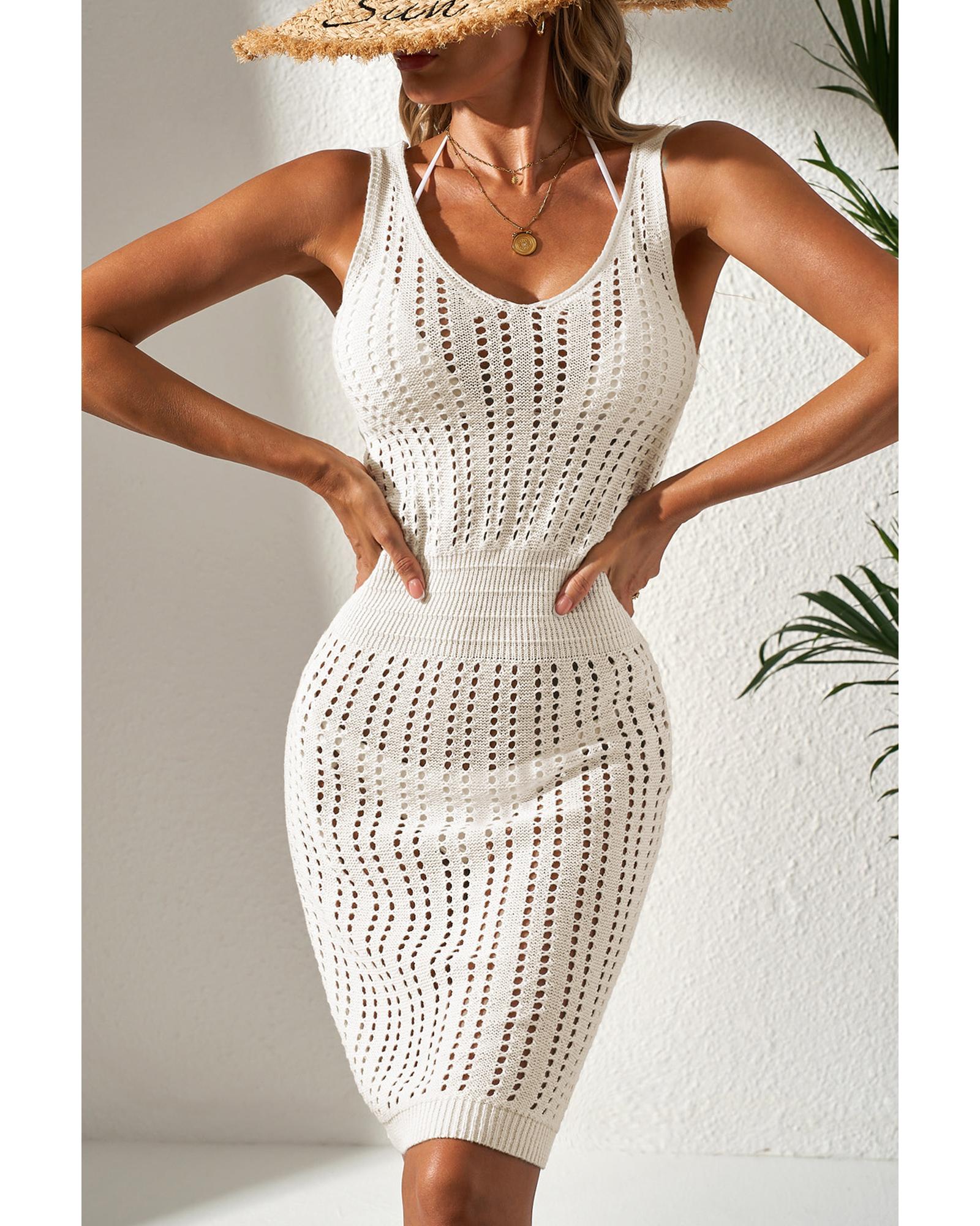 V539-AZEXDC422263-P1-XL-202508282045-00 White Eyelet Crochet Sleeveless V Neck Beach Dress - XL - Image 1
