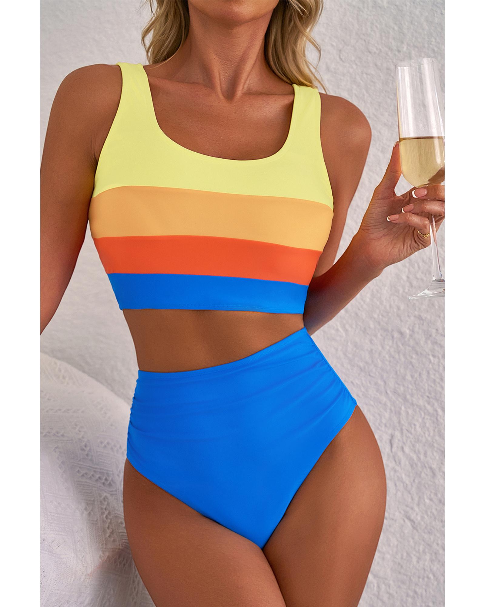 V539-AZEXDC434718-P305-S-202508291615-00 Blue Colorblock Square Neck Top Pleated High Waisted Bikini - S - Image 1
