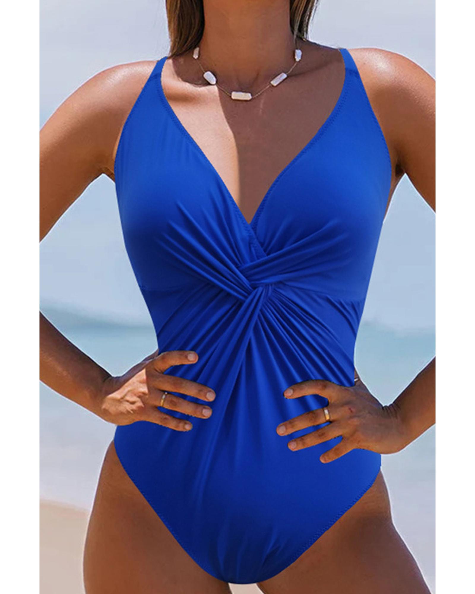 V539-AZEXDC443919-P5-S-202506140825-00 Dark Blue V Neck Twist Ruched Crisscross Backless One-Piece Swimsuit - S - Image 1