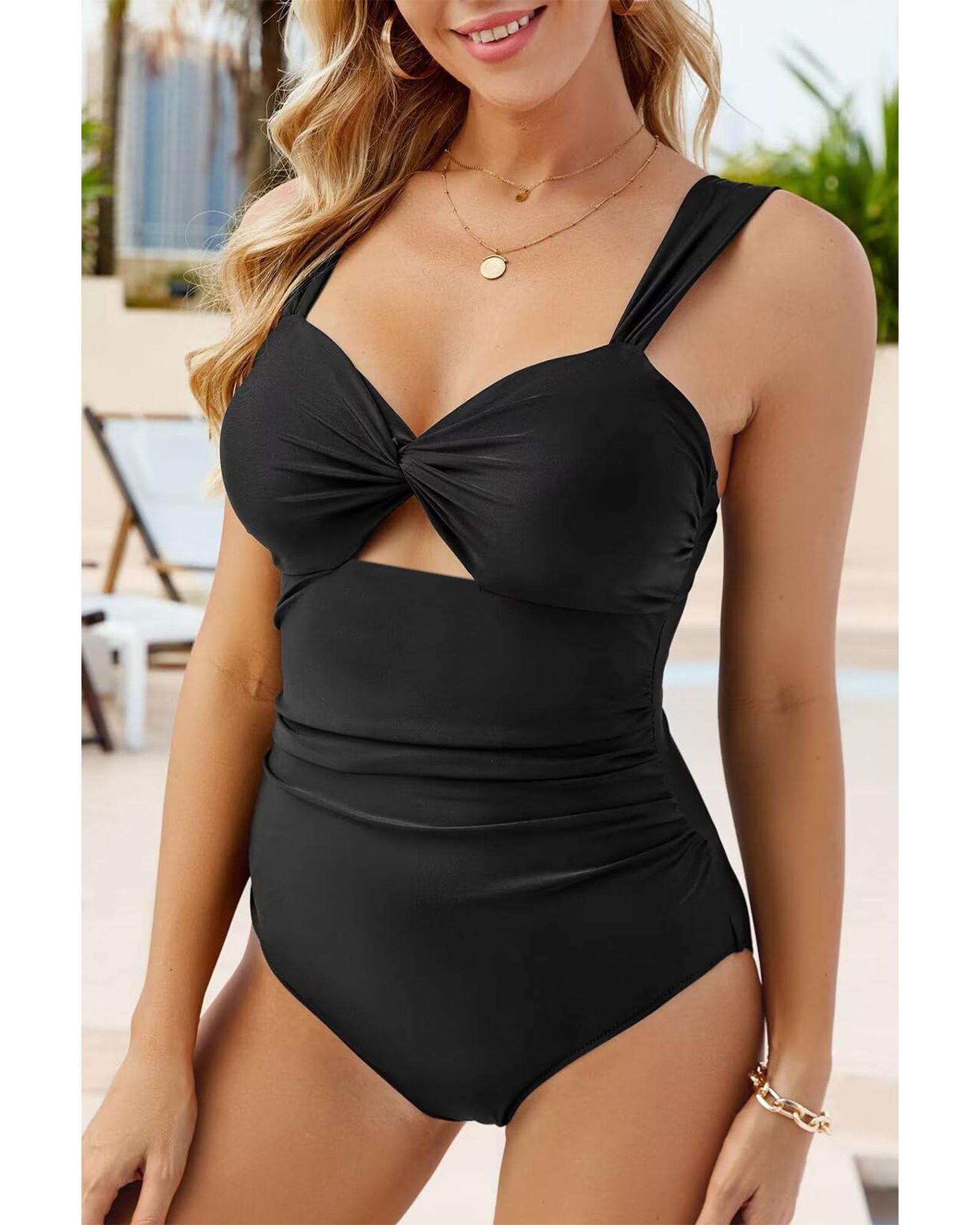 V539-AZEXDC444112-P2-S-202508281645-00 Black Cut out Twist Bowknot Backless One Piece Swimsuit - S - Image 1
