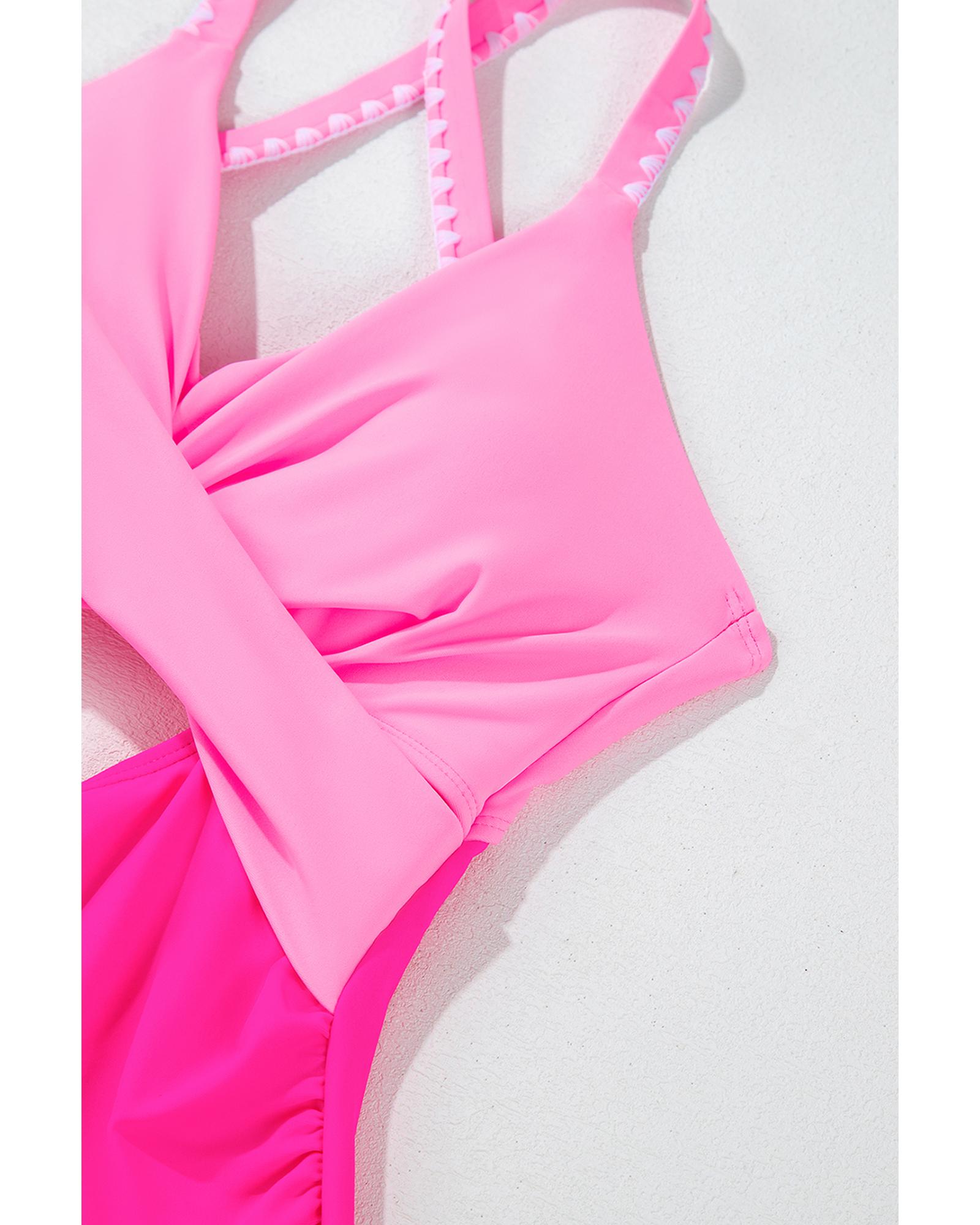 V539-AZEXDC444337-P6-XL-202508300000-00 Rose Red Ric Rac Trim Contrasted Patchwork Cutout One Piece Swimsuit - XL - Image 1