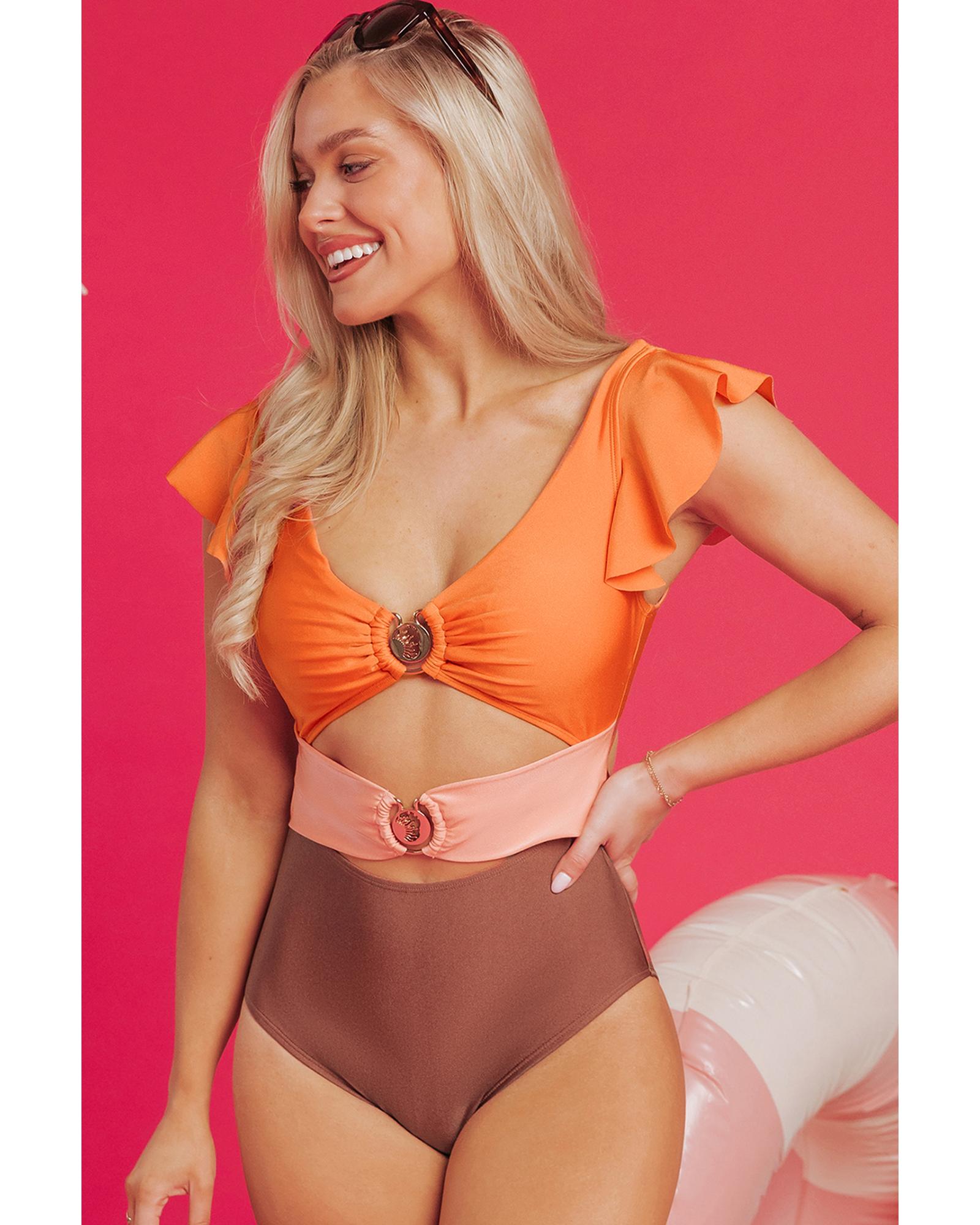 V539-AZEXDC444626-P14-L-202508282340-00 Orange Ruffle Sleeve Tricolor Cutout Front Ring One Piece Swimsuit - L - Image 1