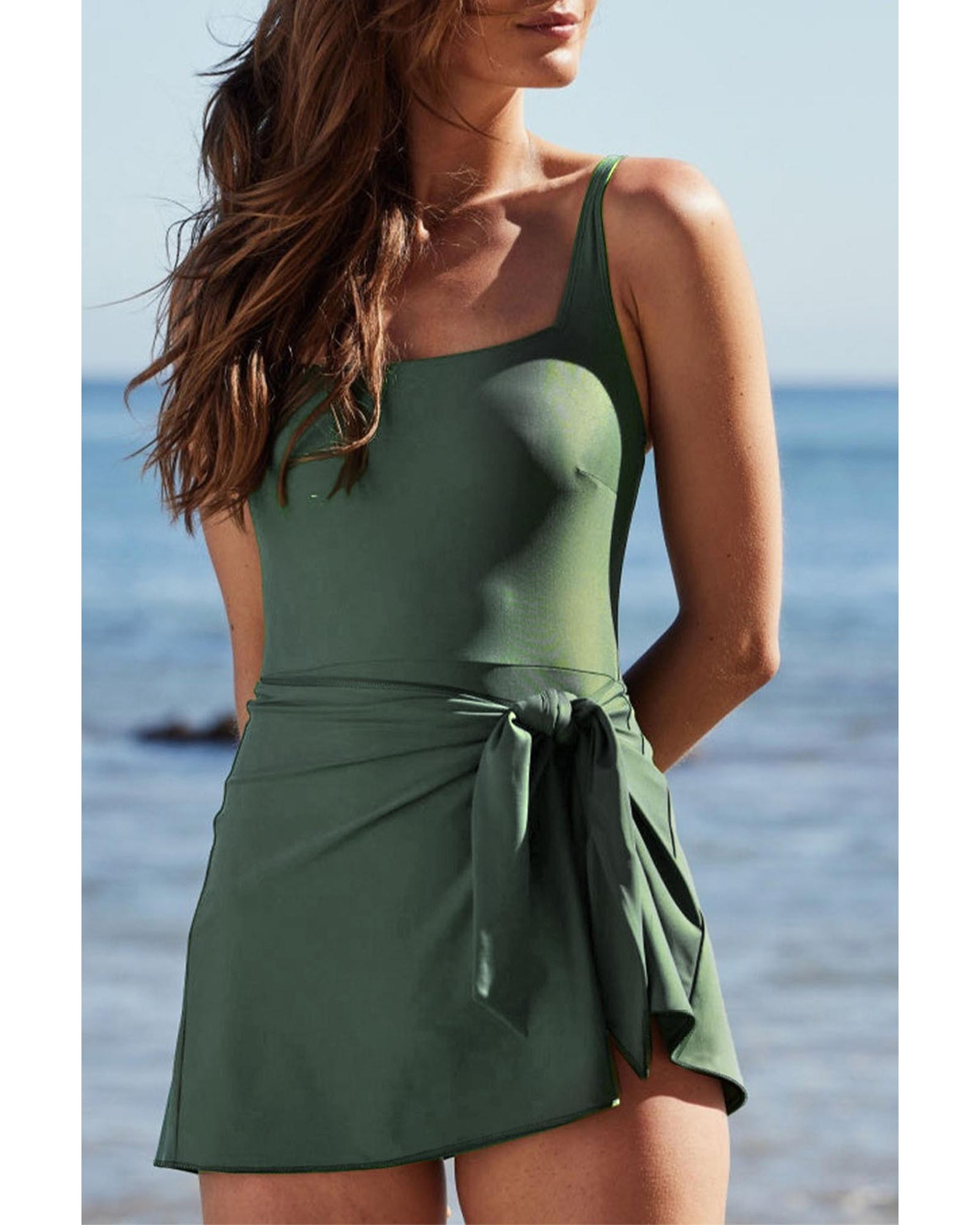 V539-AZEXDC444645-P509-S-202506141117-00 Mist Green Side Tied Waist Square Neck Adjustable Straps A-line One Piece Swim Dress - S - Image 1
