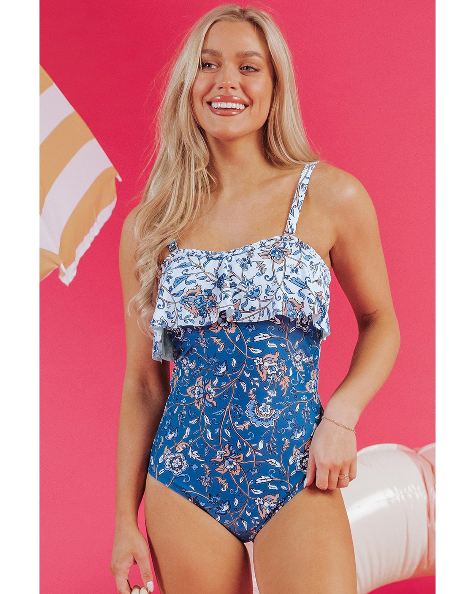 V539-AZEXDC444650-P420-XL-202508291425-00 Sky Blue Floral Printed Ruffle Removable Strap One Piece Swimsuit - XL - Image 1