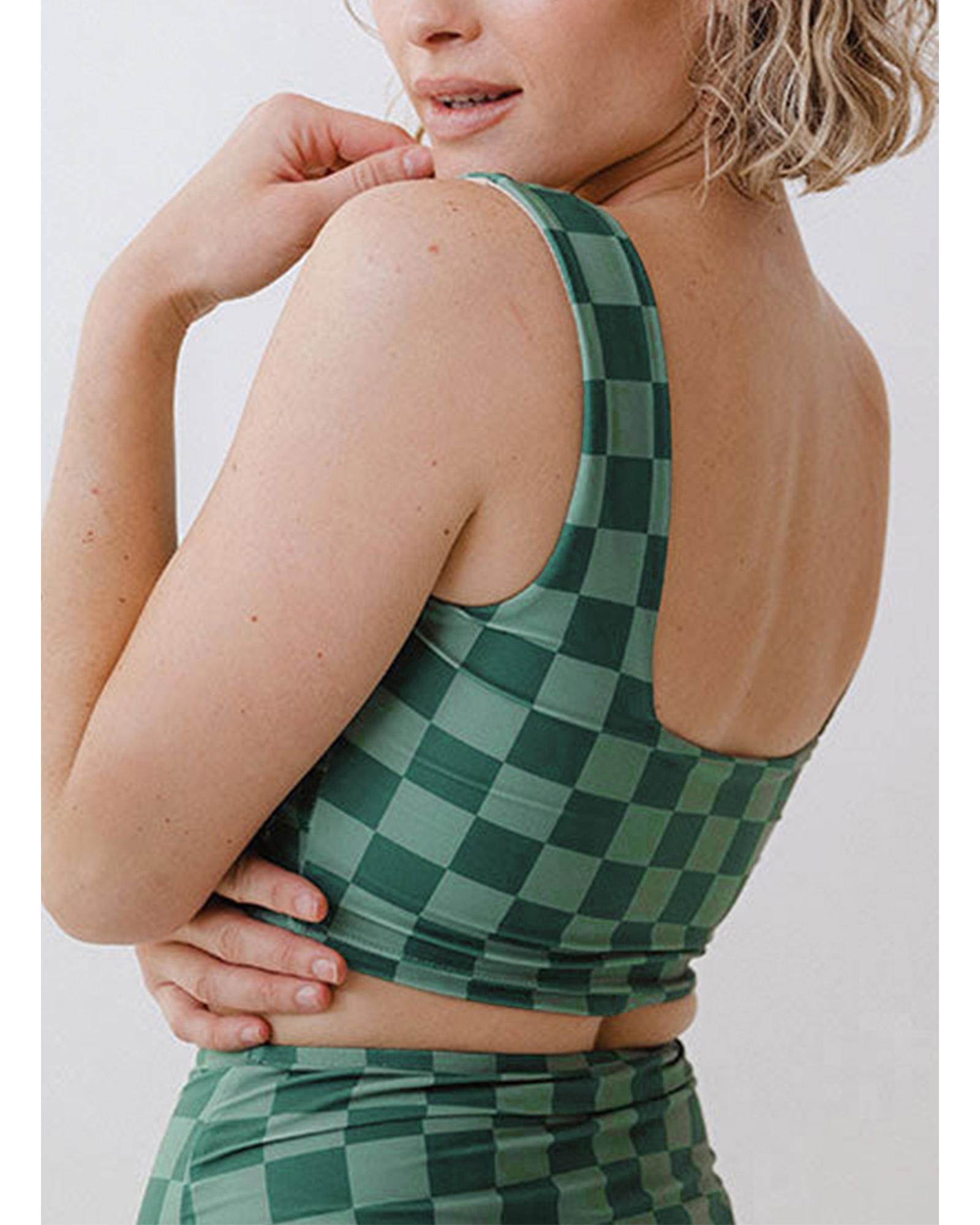 V539-AZEXDC46268-P920-3XL-202508281605-00 Green Checkered Print Square Neck Cropped Swim Top - 3XL - Image 1