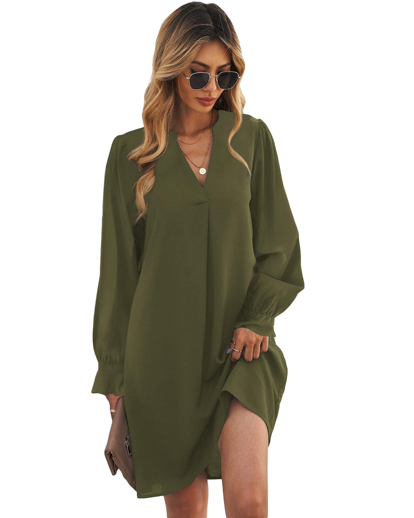 V539-AZEXDC6111328-9-L-202508291335-00 Azura Exchange Green Split V Neck Ruffled Sleeves Shirt Dress - L - Image 1