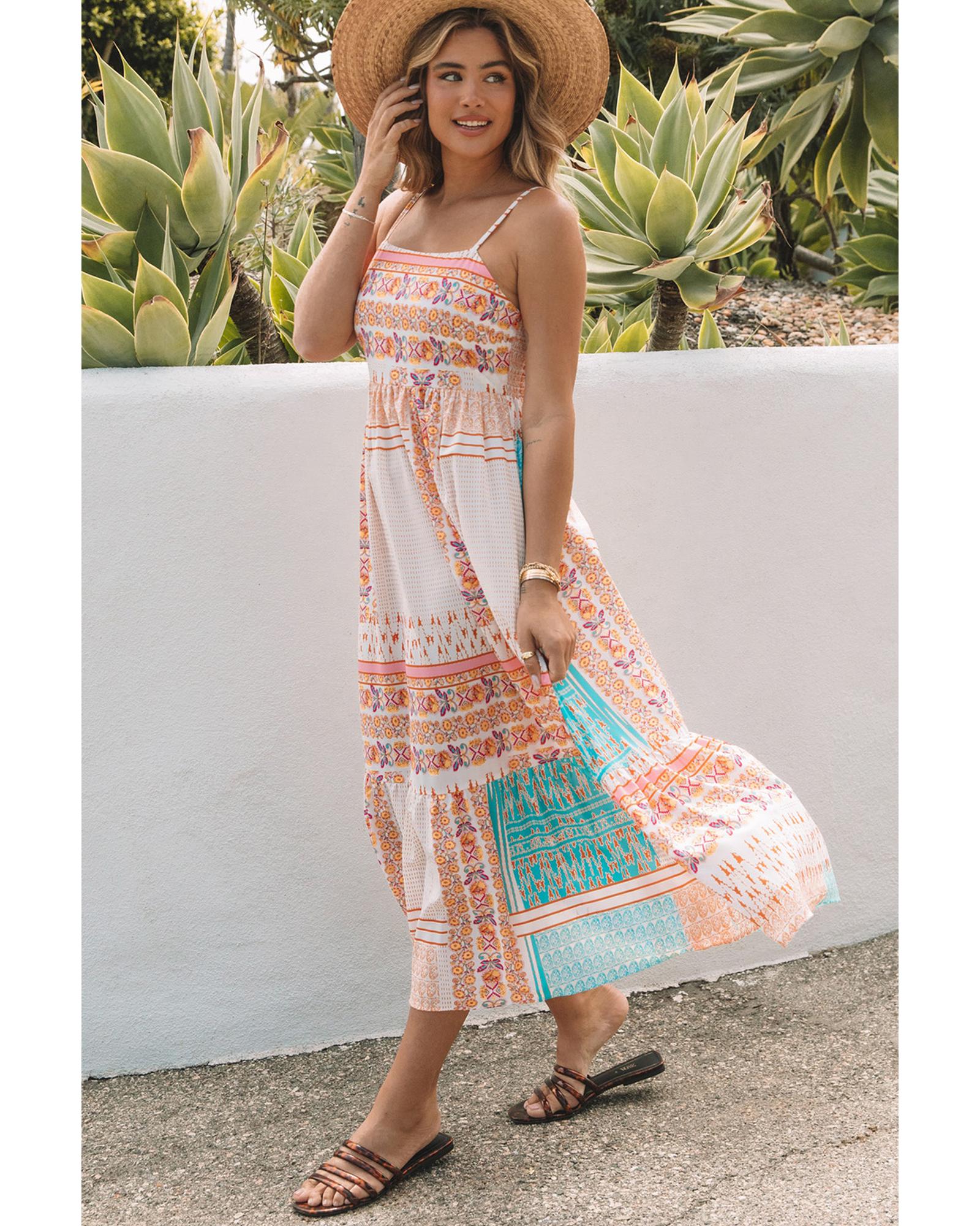 V539-AZEXDC6114793-22-L-202508281745-00 Multicolor Boho Patchwork Print Square Neck Sundress - L - Image 1