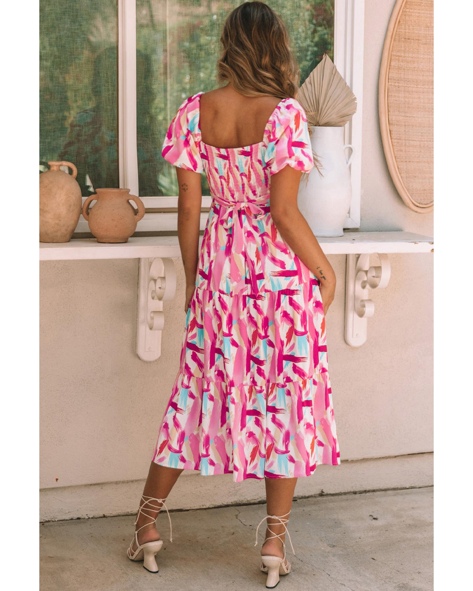 V539-AZEXDC6115787-10-L-202508300020-00 Pink Brush Stroke Printed Smocked Ruffle Tiered Dress - L - Image 1