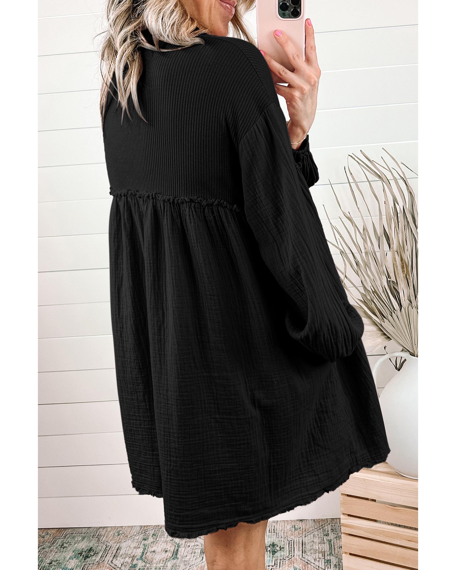 V539-AZEXDC6117009-2-S-202506141517-00 Azura Exchange Black Patchwork Crinkle Puff Sleeve Shirt Dress - S - Image 1