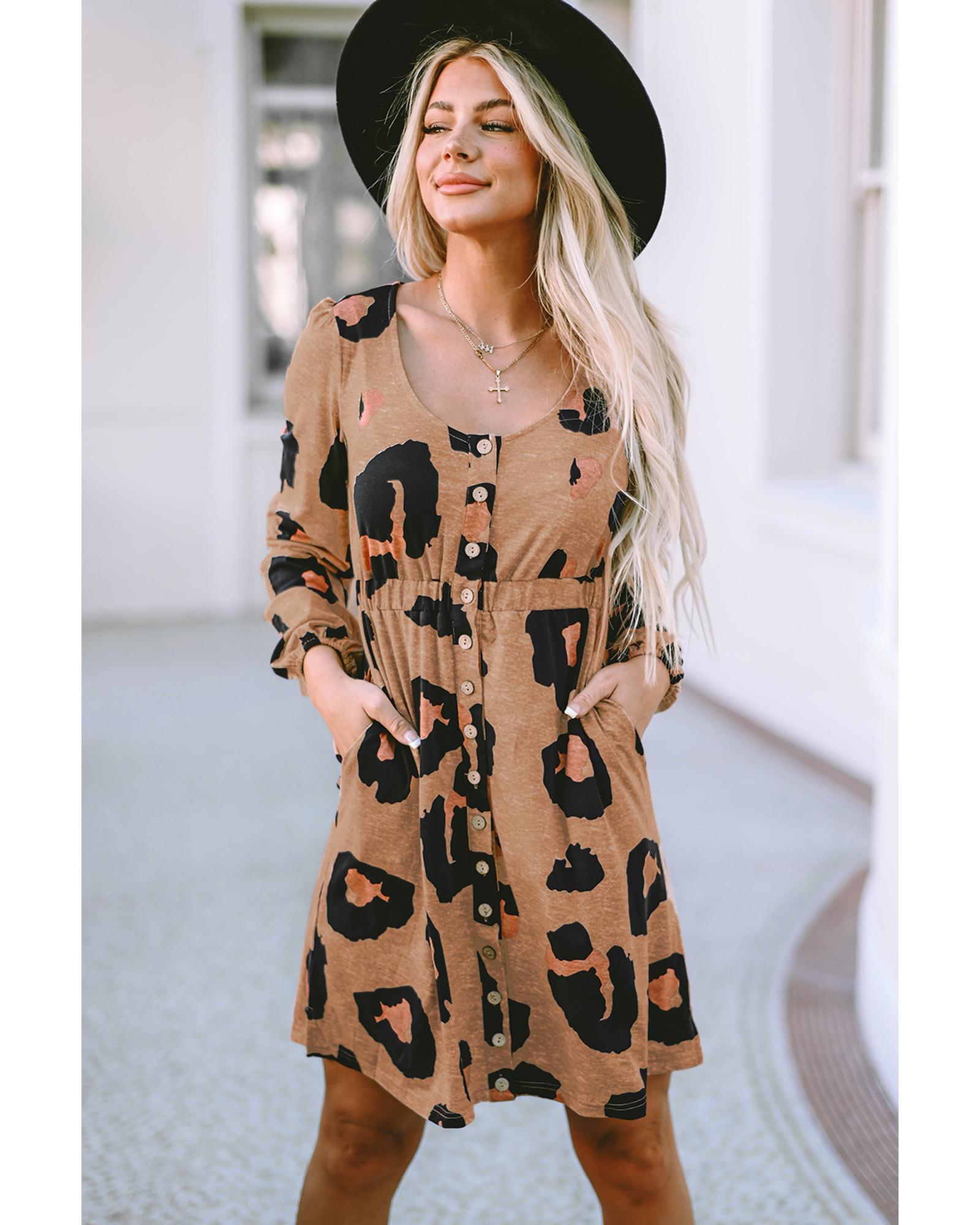 V539-AZEXDC6117345-20-L-202508280920-00 Leopard Print Button Front Bubble Sleeve Loose Knit Dress - L - Image 1