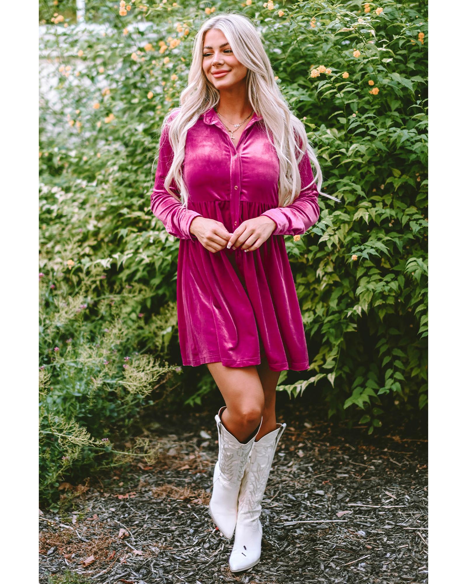 V539-AZEXDC6117352-6-S-202506141116-00 Azura Exchange Rose Long Sleeve Ruffle Velvet Button Up Dress - S - Image 1