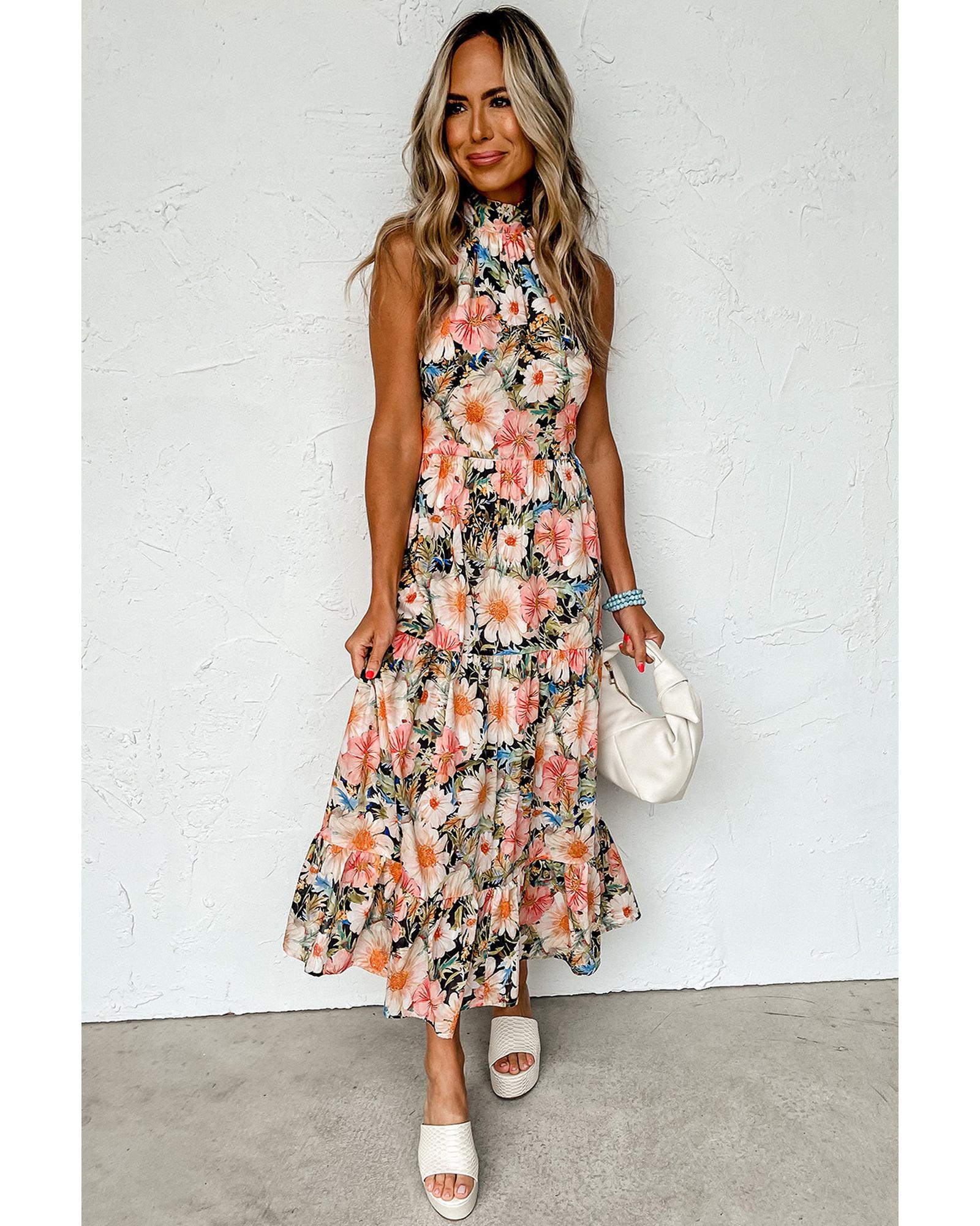 V539-AZEXDC6119017-P220-XL-202508281445-00 Black Boho Floral Print Knotted Halter Ruffled Maxi Dress - XL - Image 1