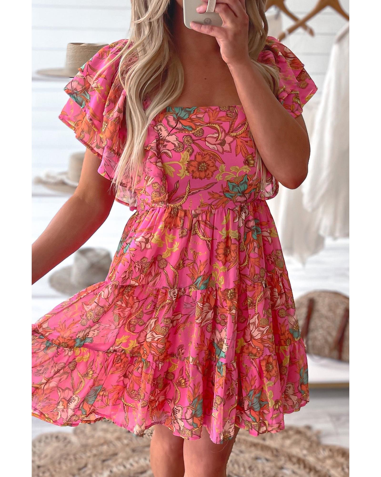 V539-AZEXDC6119160-P1020-L-202508281545-00 Pink Floral Square Neck Ruffle Sleeve Tiered Dress - L - Image 1