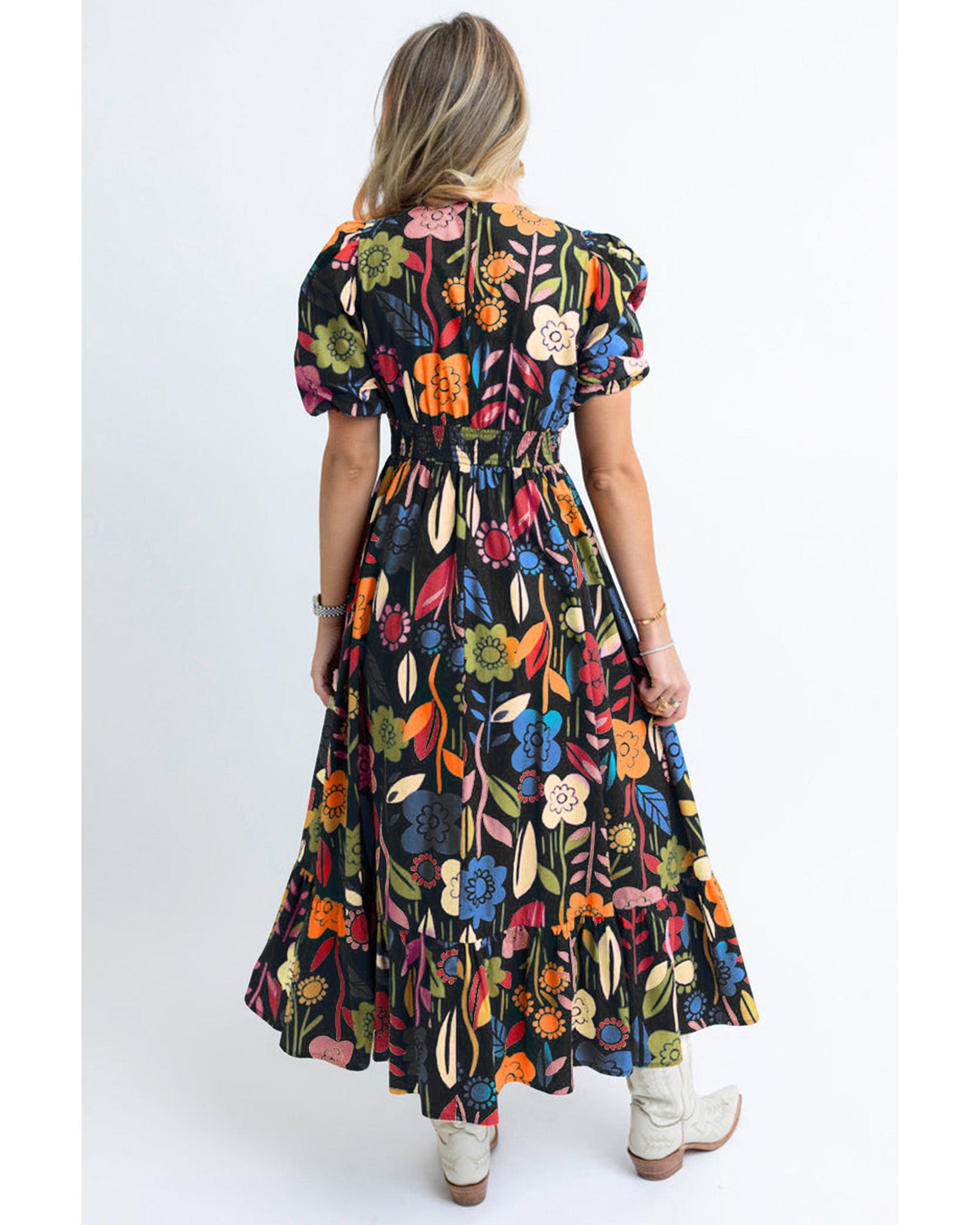 V539-AZEXDC6119372-P222-M-202508281705-00 Black Retro Floral Printed Split Neck Maxi Dress - M - Image 1