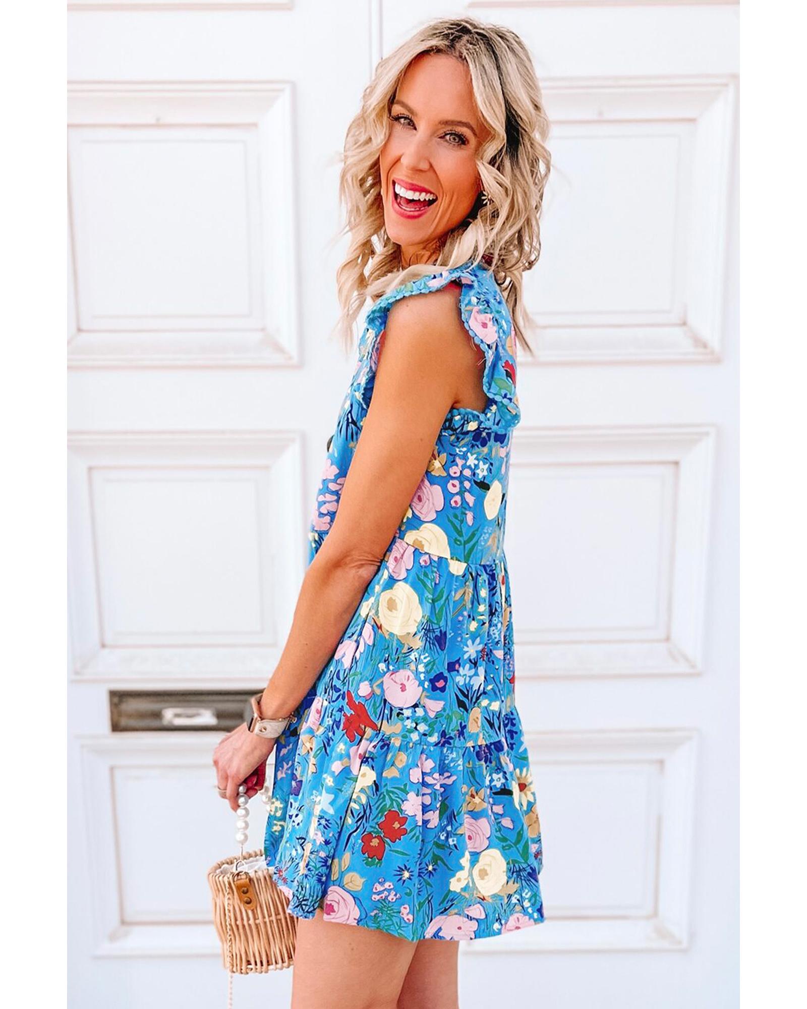 V539-AZEXDC6120090-P10420-XL-202508292245-00 Sky Blue Floral Flutter Sleeve V Neck Ruffled Dress - XL - Image 1