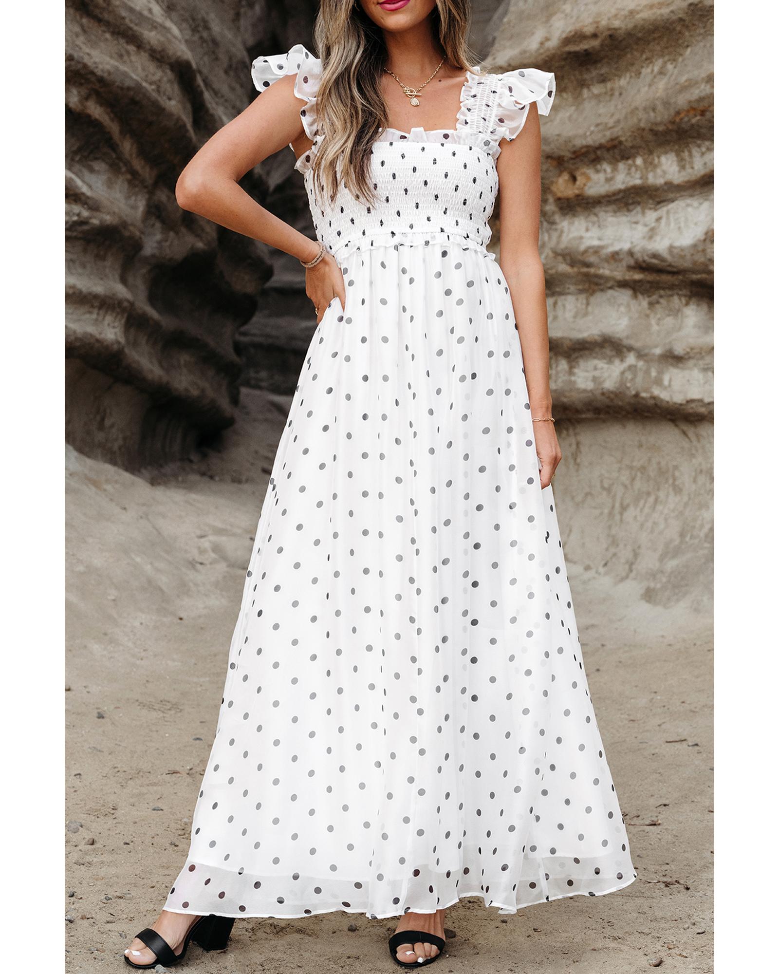 V539-AZEXDC6120210-P1-2XL-202508291625-00 White Polka Dot Flutter Sleeve Square Neck Smocked Maxi Dress - 2XL - Image 1