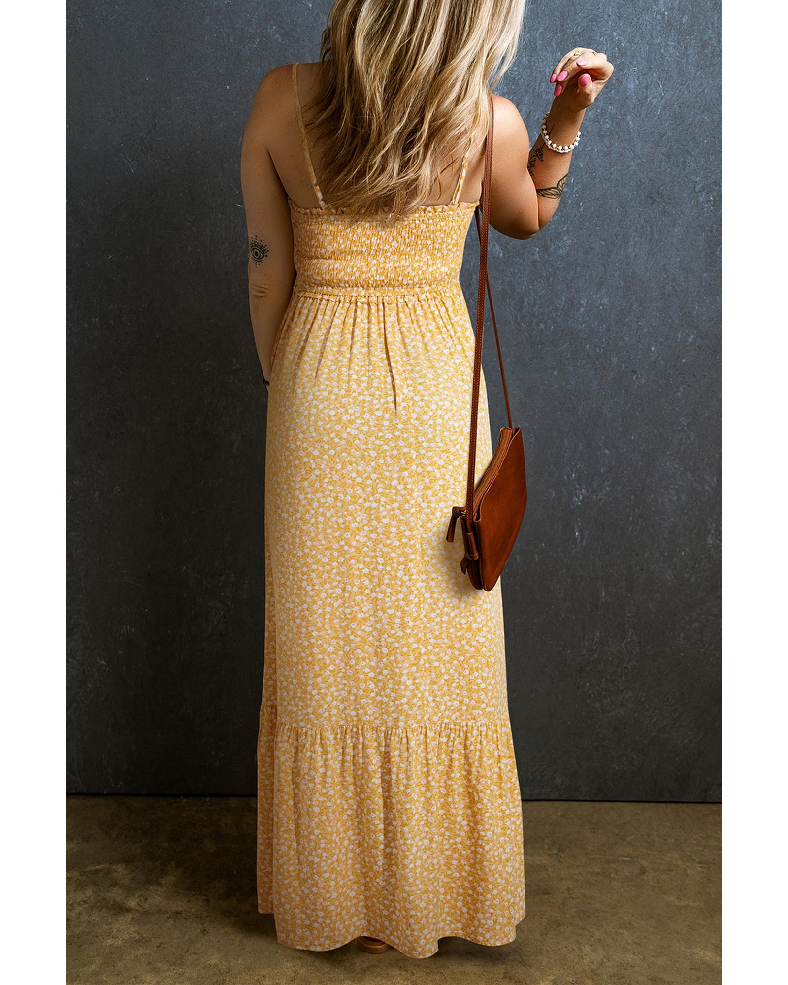 V539-AZEXDC6120648-P720-L-202508281000-00 Yellow Frilly Smocked High Waist Floral Maxi Dress - L - Image 1
