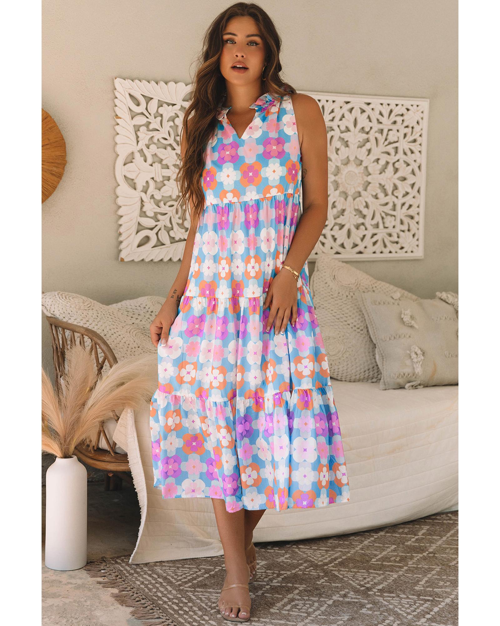V539-AZEXDC6120885-P420-XL-202508300055-00 Sky Blue Floral Print Frilly Neck Sleeveless Tiered Maxi Dress - XL - Image 1