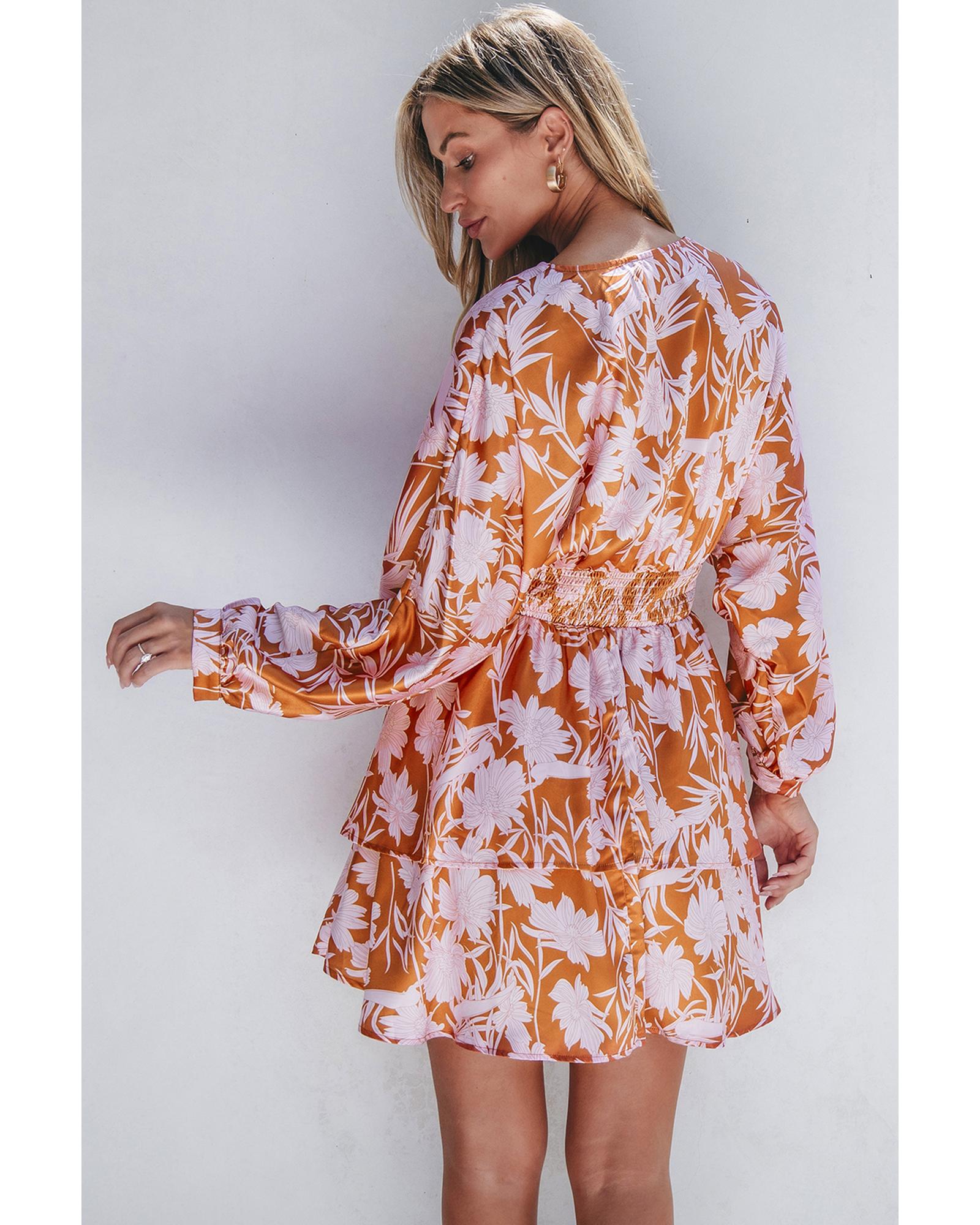 V539-AZEXDC6121462-P1720-M-202508291305-00 Brown Floral Puff Sleeve Smocked Waist Layered Dress - M - Image 1