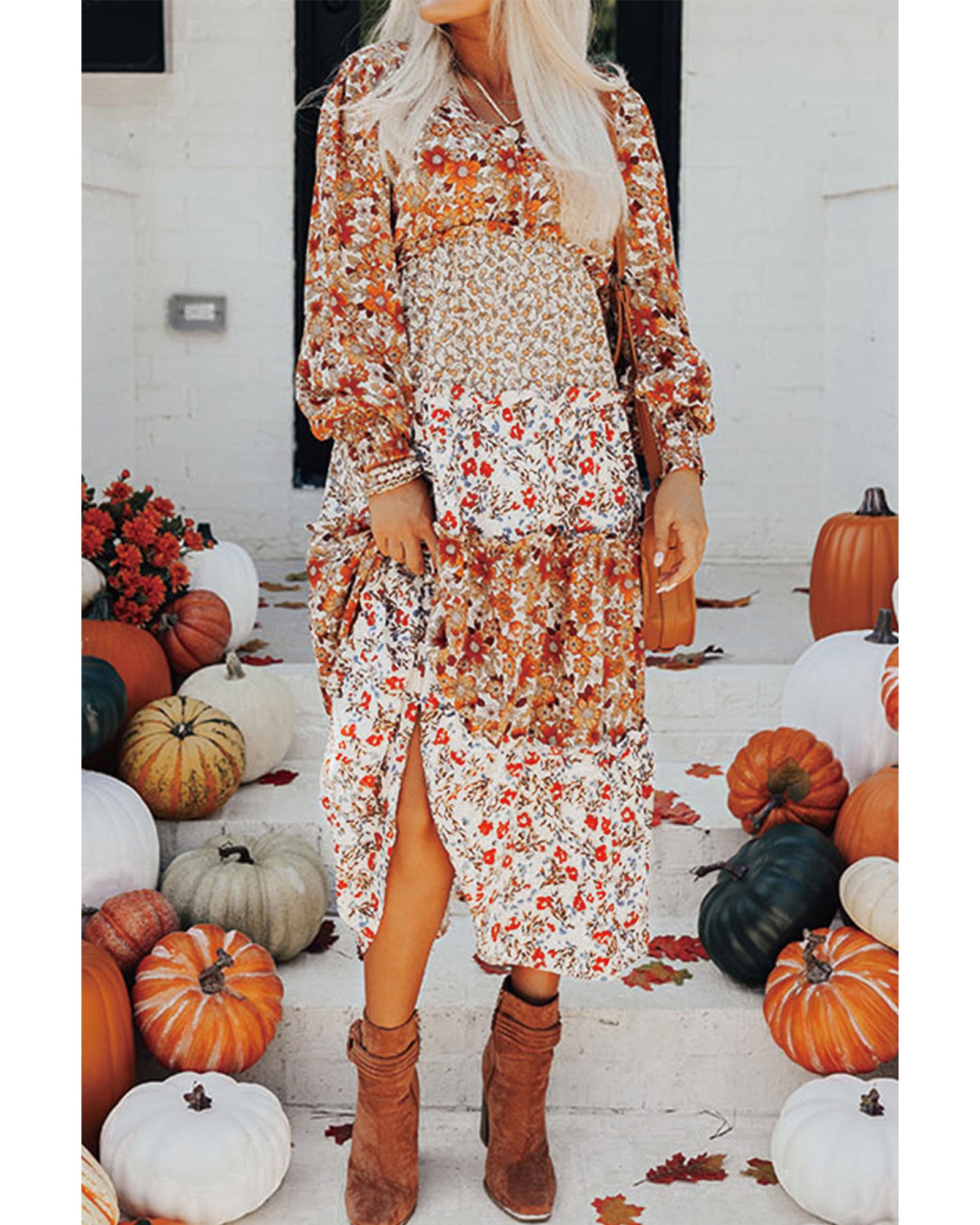 V539-AZEXDC6121496-P1620-L-202508281150-00 Khaki Floral Print Ruffled Tiered Long Sleeve V Neck Midi Dress - L - Image 1