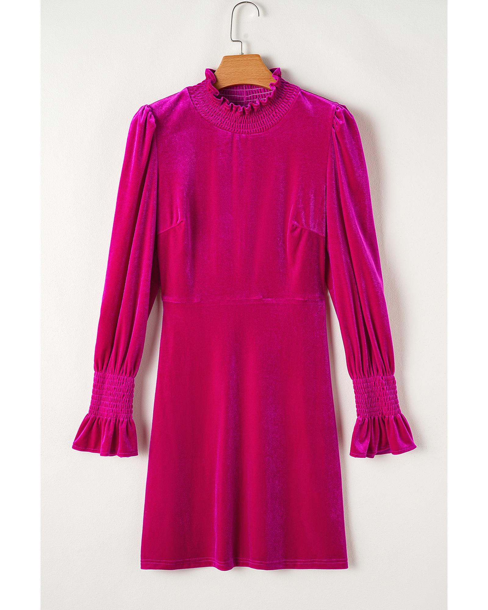 V539-AZEXDC6121520-P6-XL-202508282240-00 Rose Red Smocked Mock Neck Ruffled Puff Sleeve Velvet Mini Dress - XL - Image 1