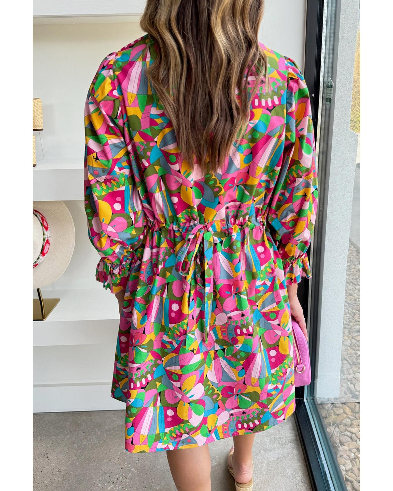 V539-AZEXDC6121634-P1020-S-202506141927-00 Pink Abstract Printed Lantern Sleeve Buttoned Mini Dress - S - Image 1