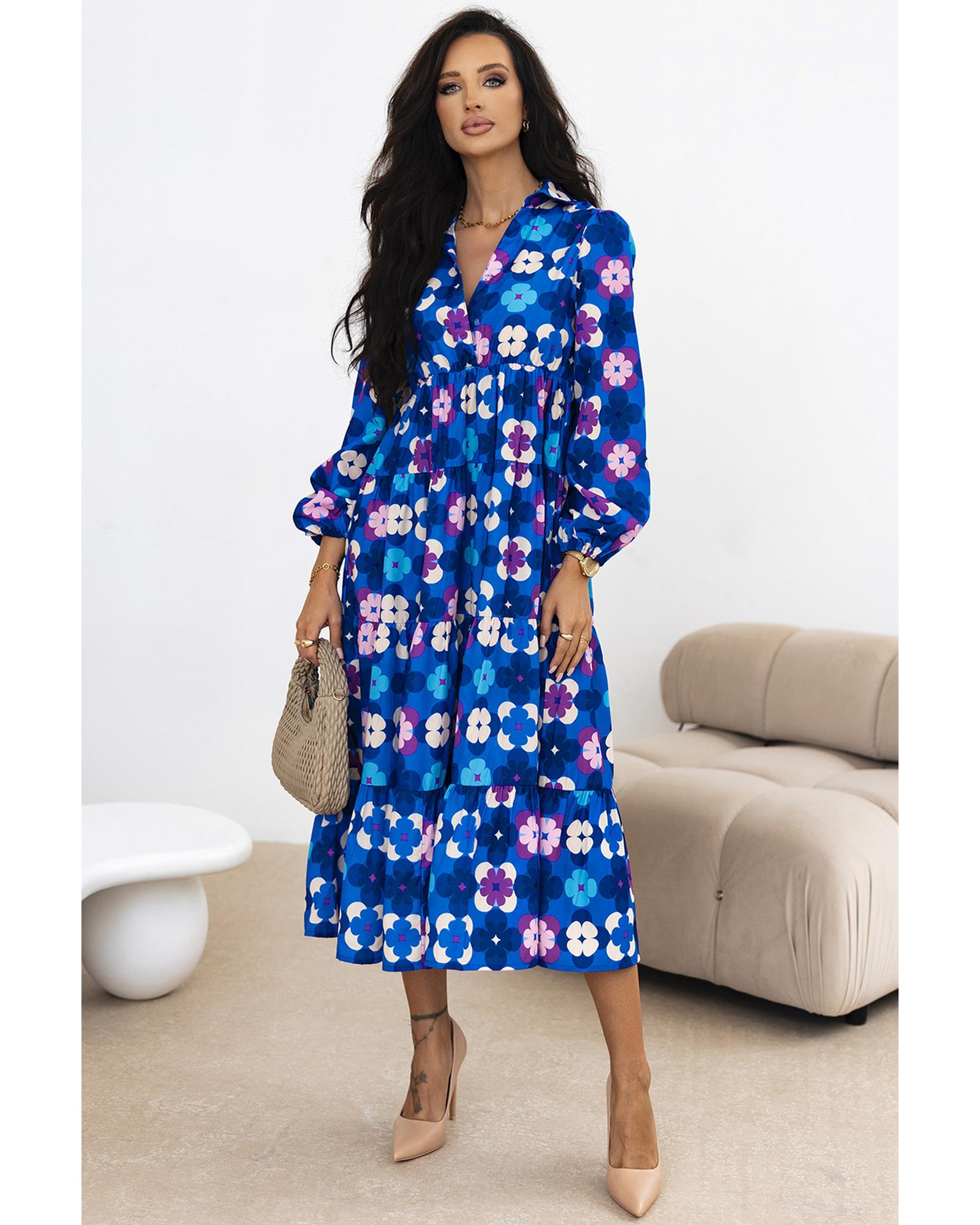 V539-AZEXDC6121719-P520-S-202506141521-00 Blue Floral Peasant Sleeve Tiered Ruffle Midi Dress - S - Image 1