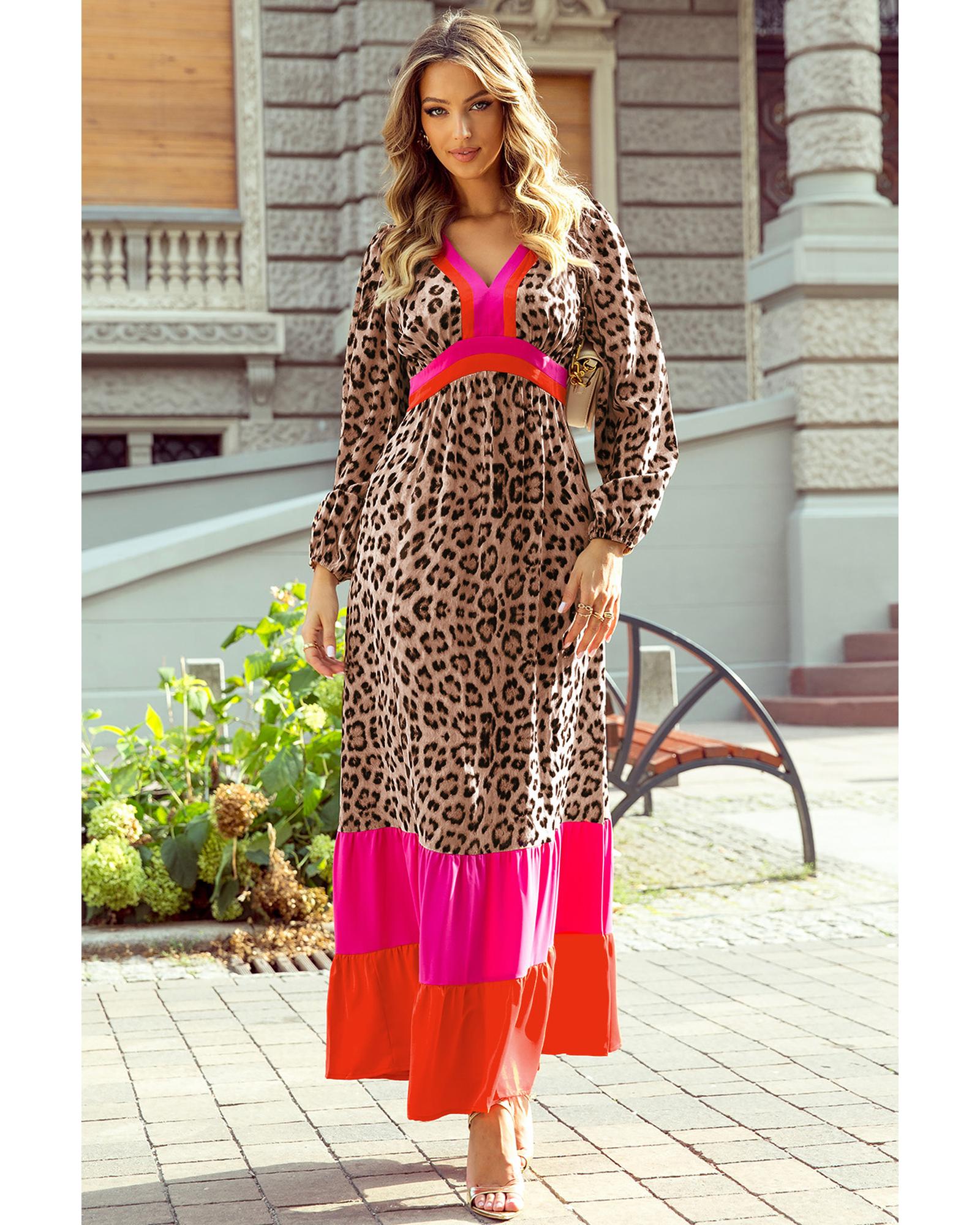 V539-AZEXDC6121732-P1720-L-202508281305-00 Brown Leopard Color Block V Neck Loose Fit Maxi Dress - L - Image 1