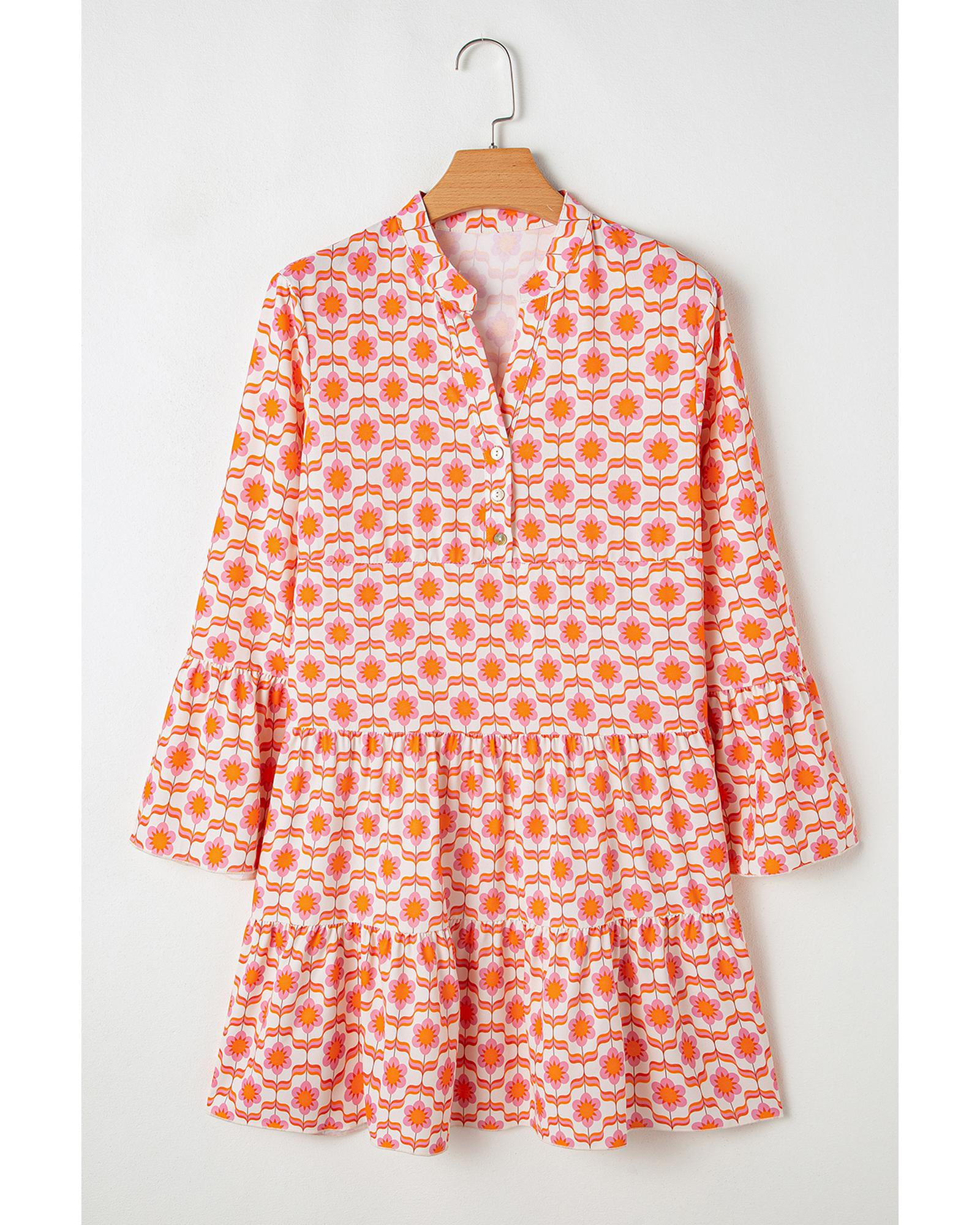 V539-AZEXDC6121785-P1420-L-202506141542-00 Orange Floral Print Flounce Sleeve Buttoned Front Mini Dress - L - Image 1