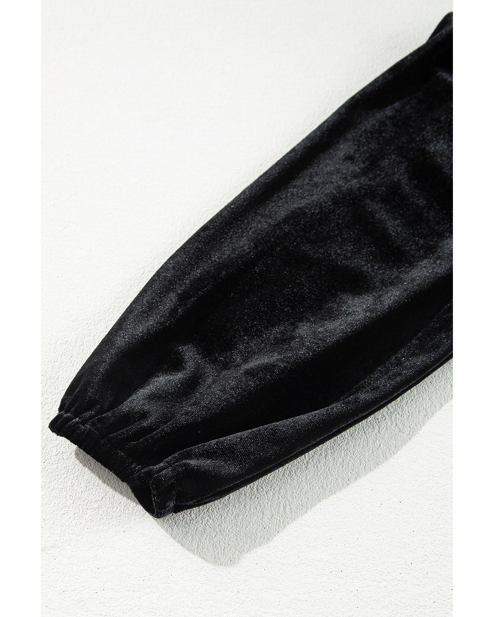 V539-AZEXDC6121799-P2-M-202508292045-00 Black Velvet Long Sleeve Surplice High Waist Mini Dress - M - Image 1