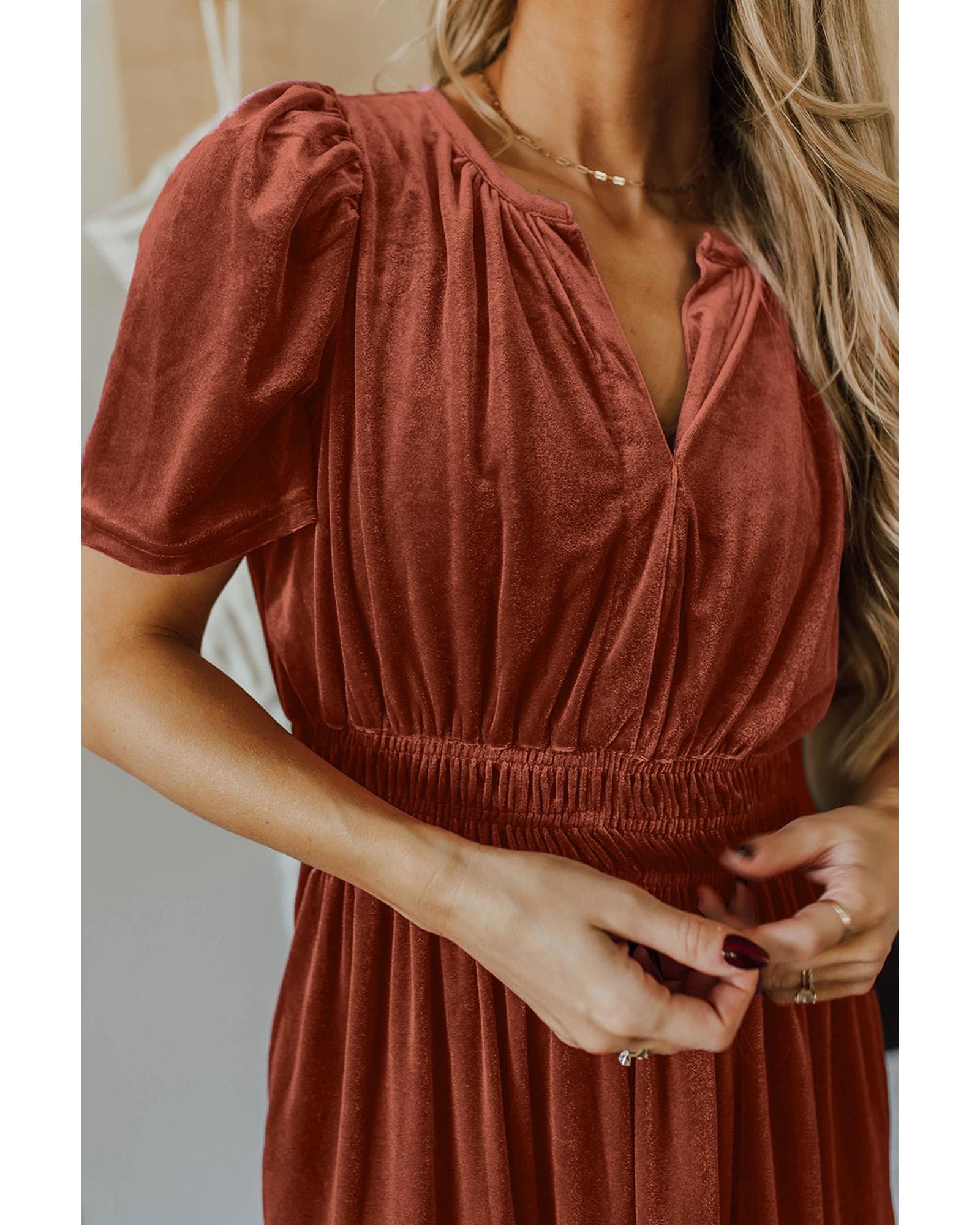 V539-AZEXDC6121808-P2017-L-202508300645-00 Chestnut Velvet Short Sleeve Shirred Waist Tiered Maxi Dress - L - Image 1