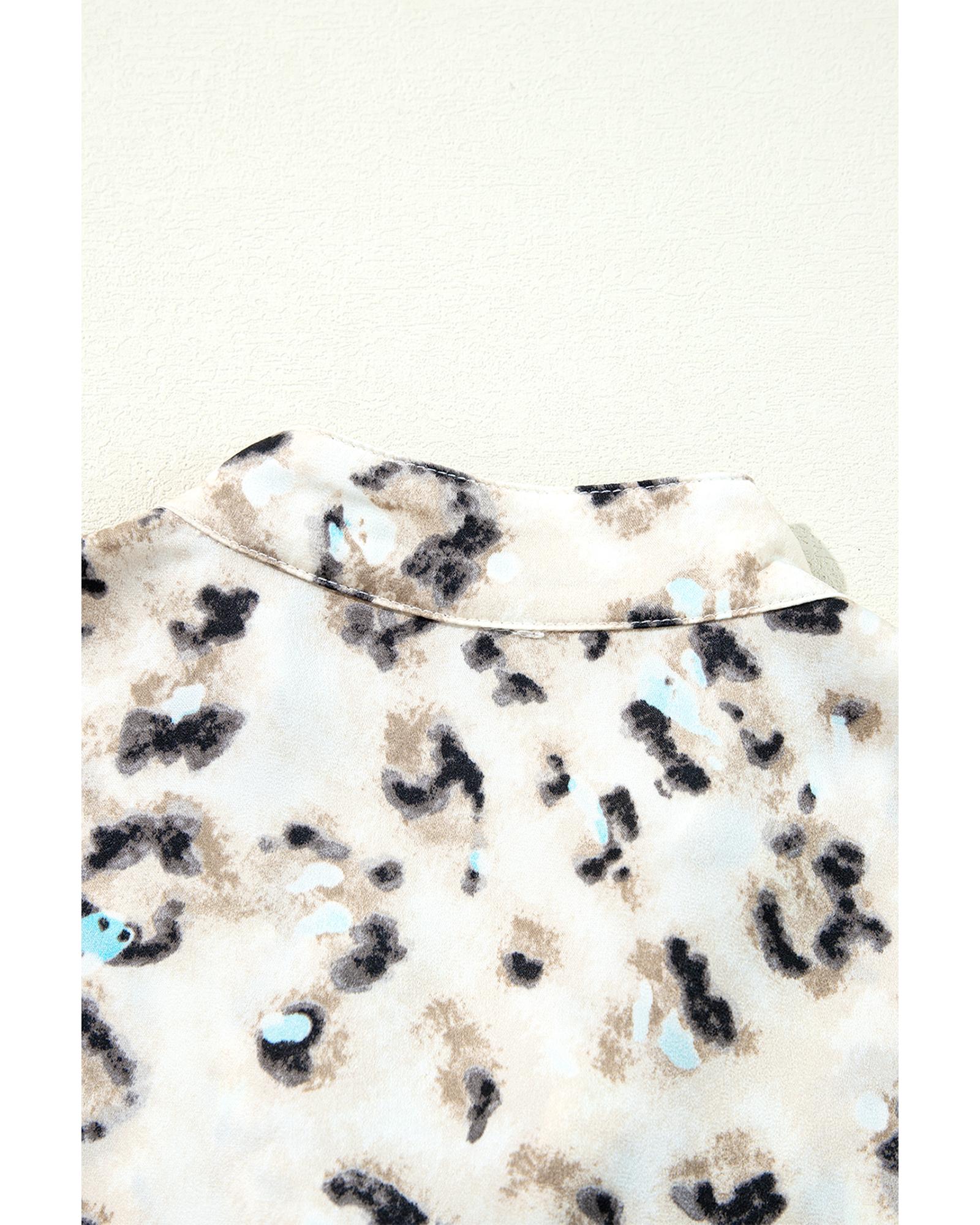 V539-AZEXDC6121819-P1620-S-202506141627-00 Khaki Leopard Print Buttoned Front 3/4 Sleeve Tiered Ruffled Hem Dress - S - Image 1