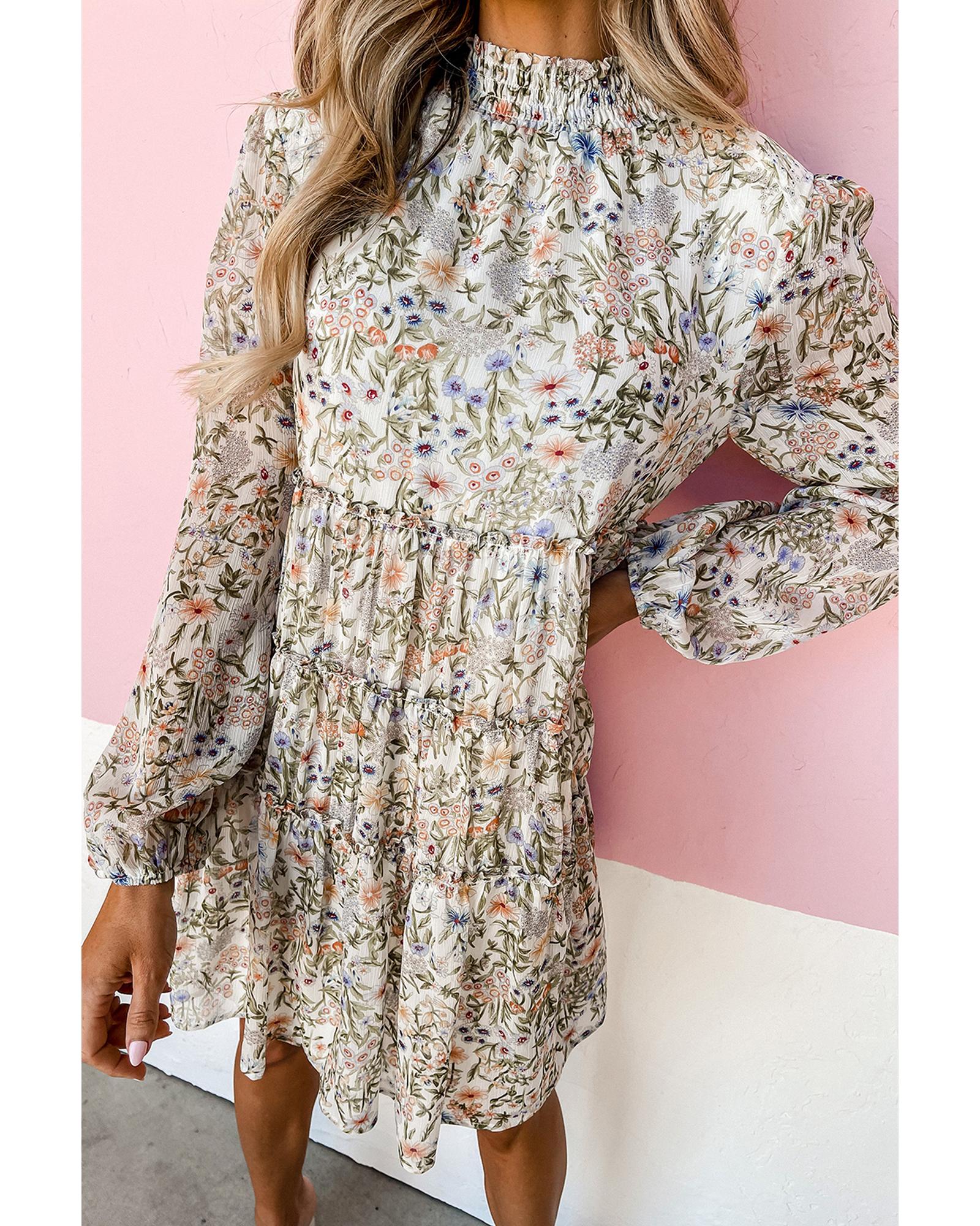 V539-AZEXDC6122288-P920-L-202508310320-00 Green Floral Print Tiered Frilled Shirred Mock Neck Mini Dress - L - Image 1