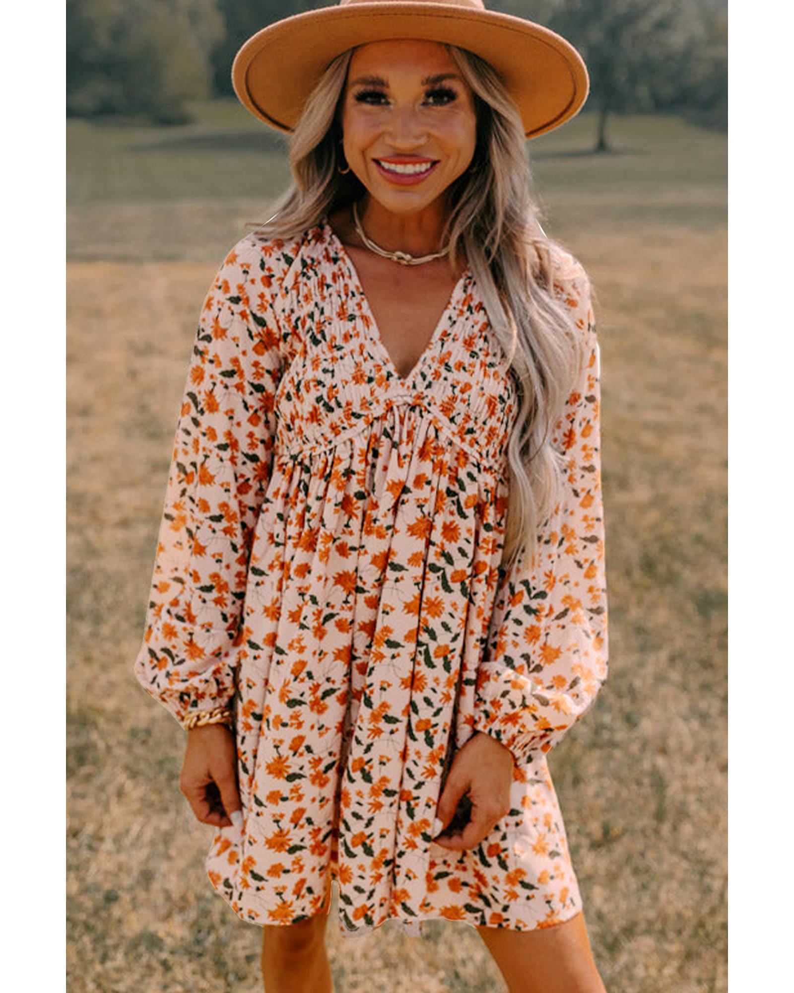 V539-AZEXDC6122407-P1520-M-202508310805-00 Beige Floral Deep V Neck Smocked Bust Bubble Sleeve Babydoll Dress - M - Image 1