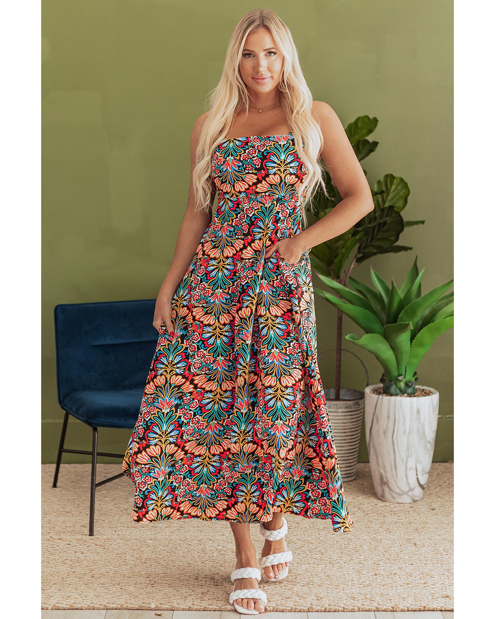 V539-AZEXDC6122426-P220-XL-202508311135-00 Black Boho Floral Print Thin Straps Sleeveless High Waist Maxi Dress - XL - Image 1