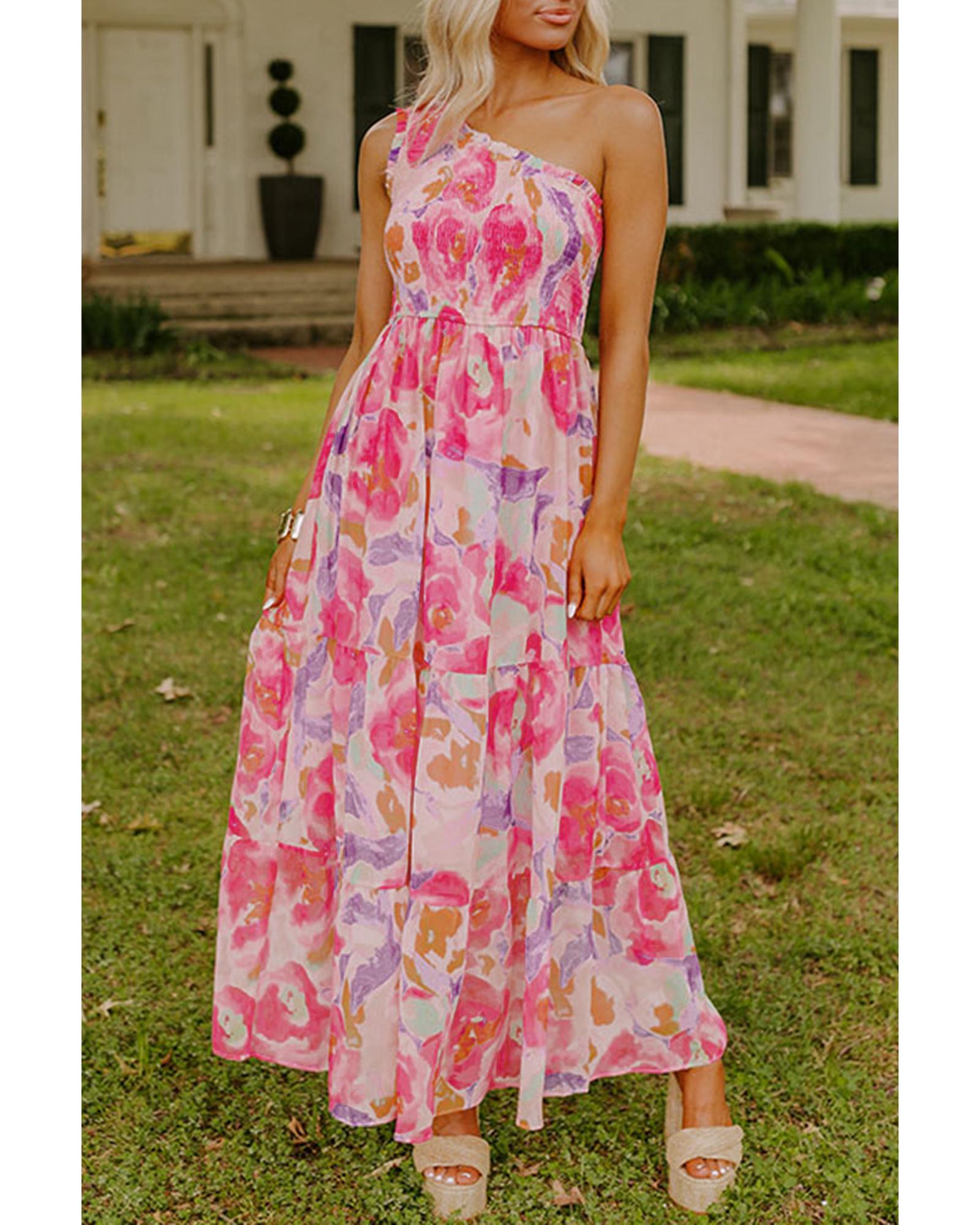 V539-AZEXDC6122433-P1020-S-202508310345-00 Pink Abstract Floral Print Shirred One Shoulder Maxi Dress - S - Image 1