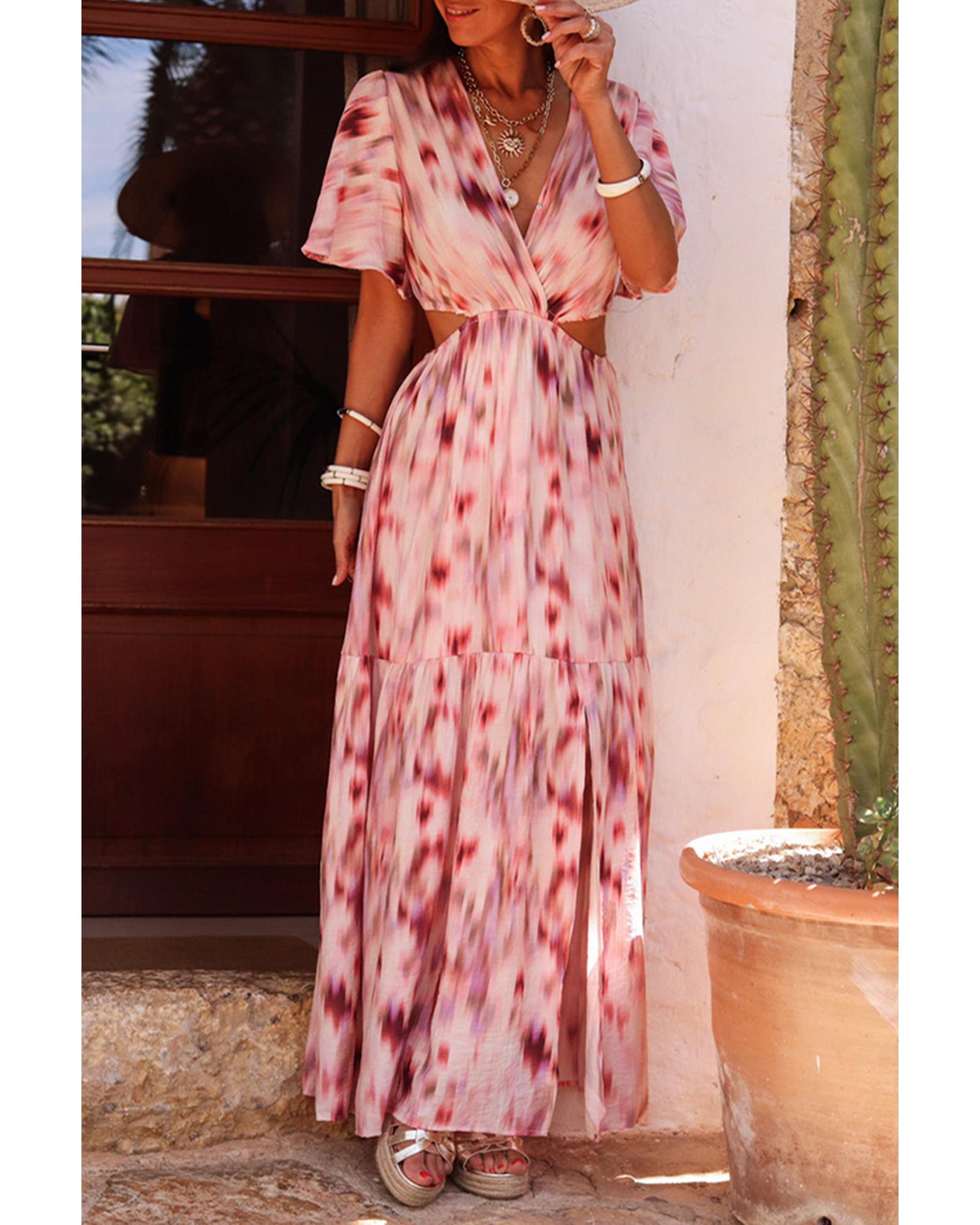 V539-AZEXDC6122440-P1020-XL-202508311140-00 Pink Abstract Printed Flutter Sleeve Daring Cutout Long Dress - XL - Image 1