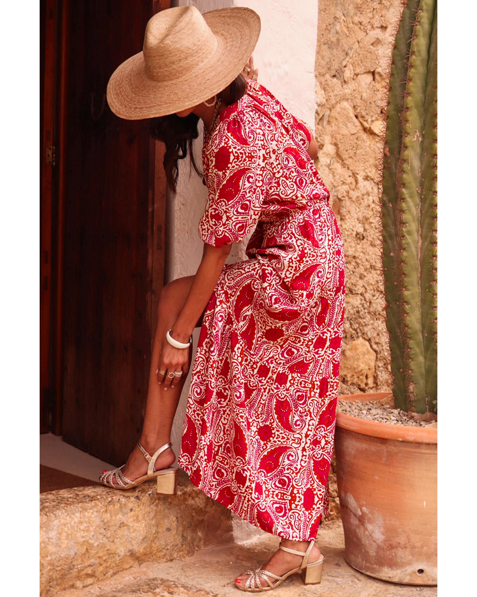 V539-AZEXDC6122445-P10320-XL-202508310520-00 Red Paisley Print Side Slit Puff Sleeve High Waist Maxi Dress - XL - Image 1