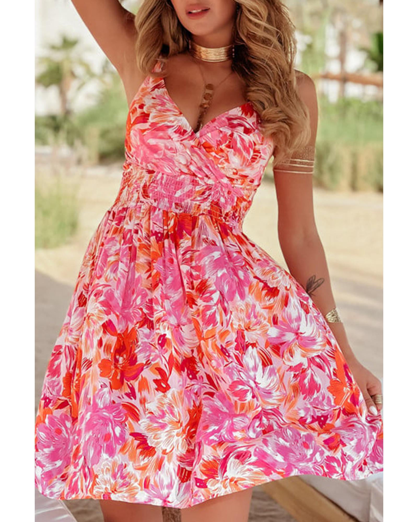 V539-AZEXDC6122454-P10320-L-202508311400-00 Red Floral Spaghetti Strap Surplice Neck Shirred Waist Mini Dress - L - Image 1