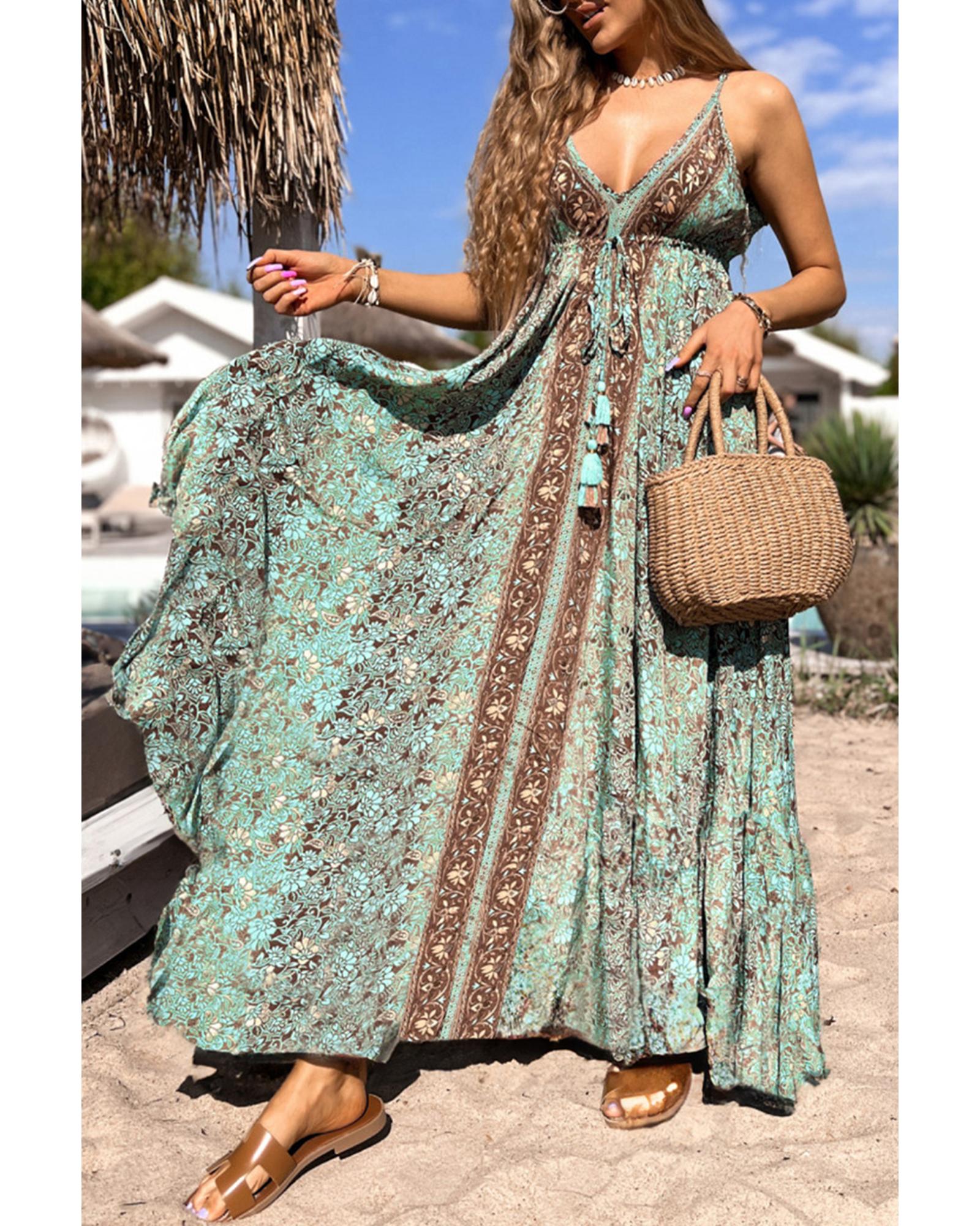 V539-AZEXDC6122461-P920-XL-202508311600-00 Green Floral Print V Neck Ruffled Trim Backless Tassel Waist Maxi Dress - XL - Image 1