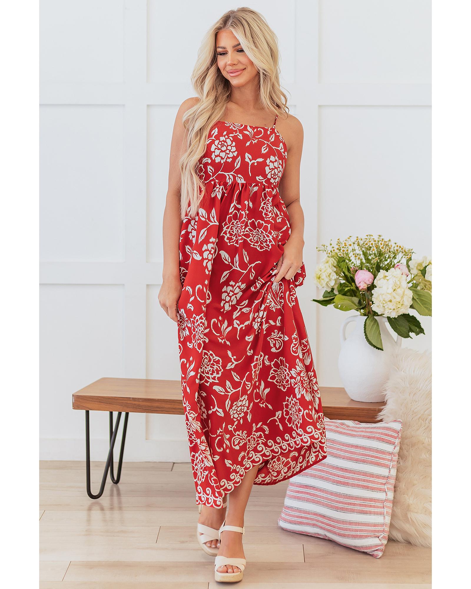 V539-AZEXDC6122465-P10320-XL-202508310840-00 Red Floral Printed Spaghetti Strap Empire Waist Maxi Dress - XL - Image 1