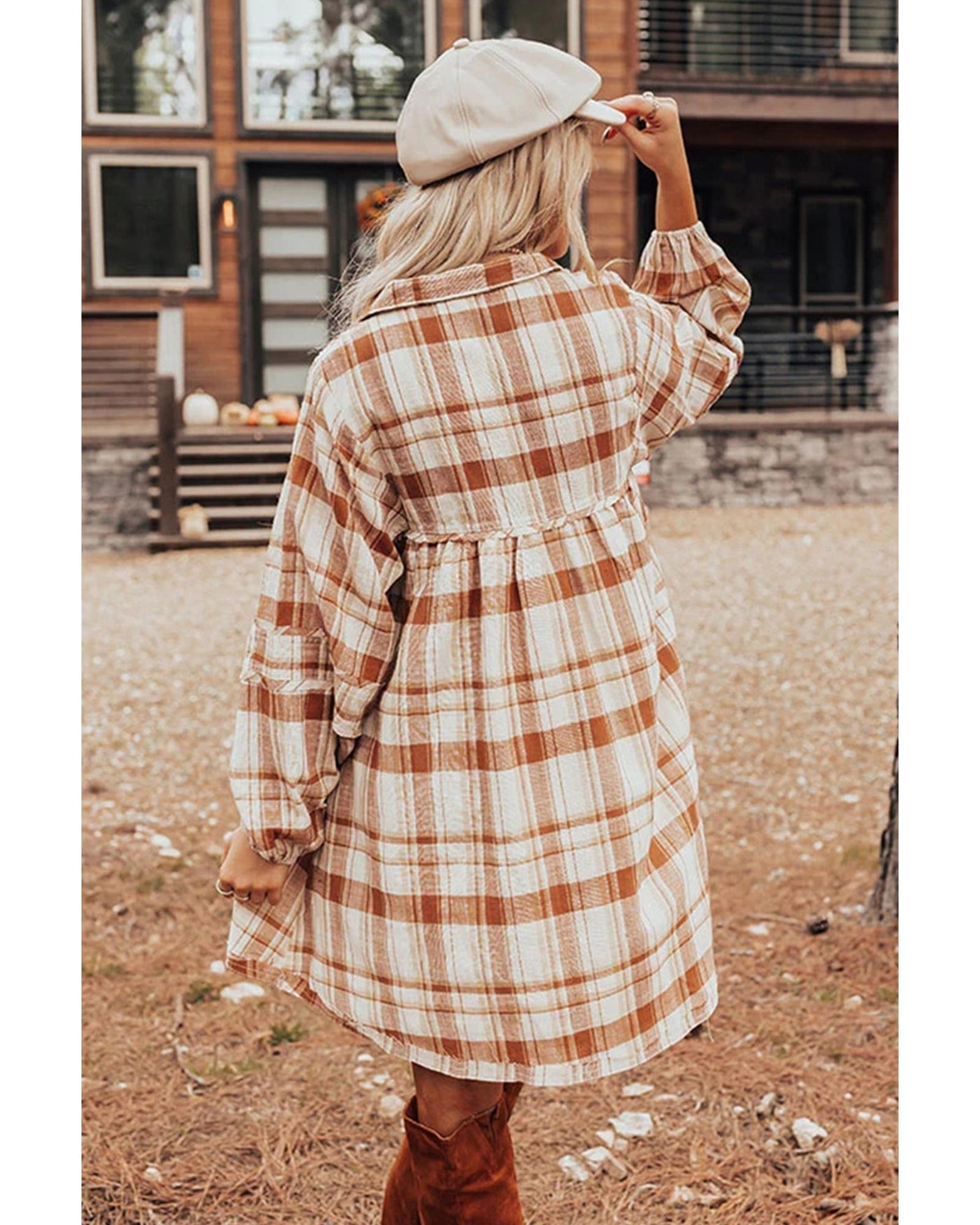 V539-AZEXDC6122498-17-S-202506190117-00 Brown Plaid Print Side Pockets Frilled Babydoll Mini Dress - S - Image 1