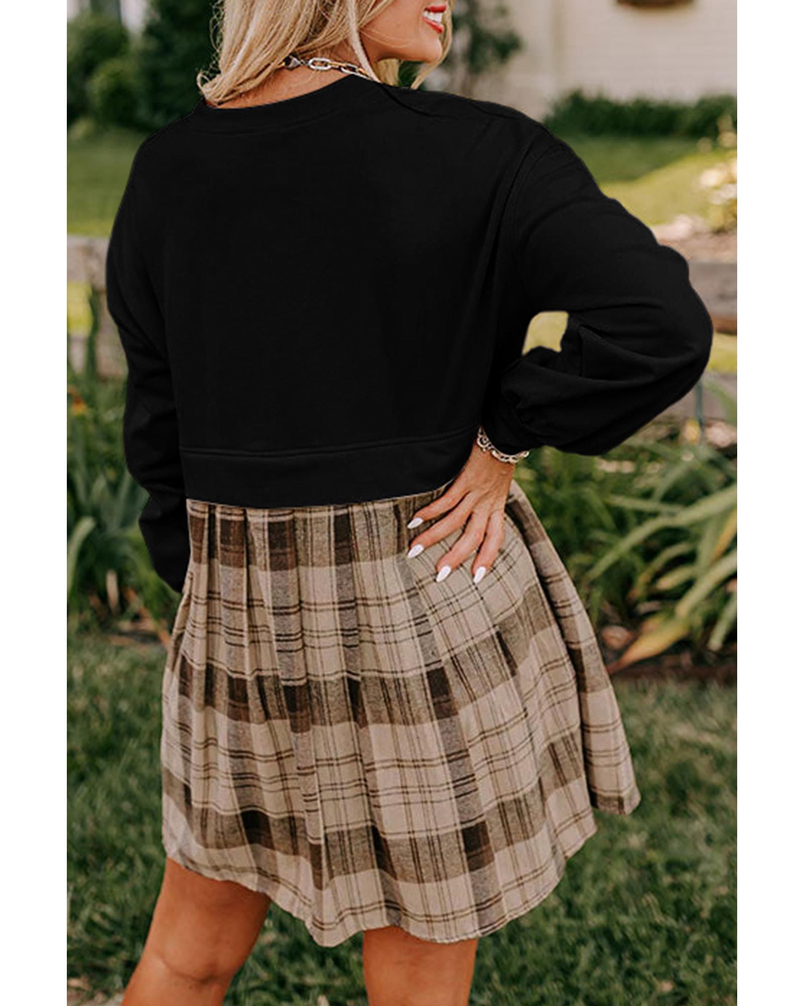 V539-AZEXDC6122499-P2-M-202508311215-00 Black Plaid Patchwork High Waist Sweatshirt Mini Dress - M - Image 1