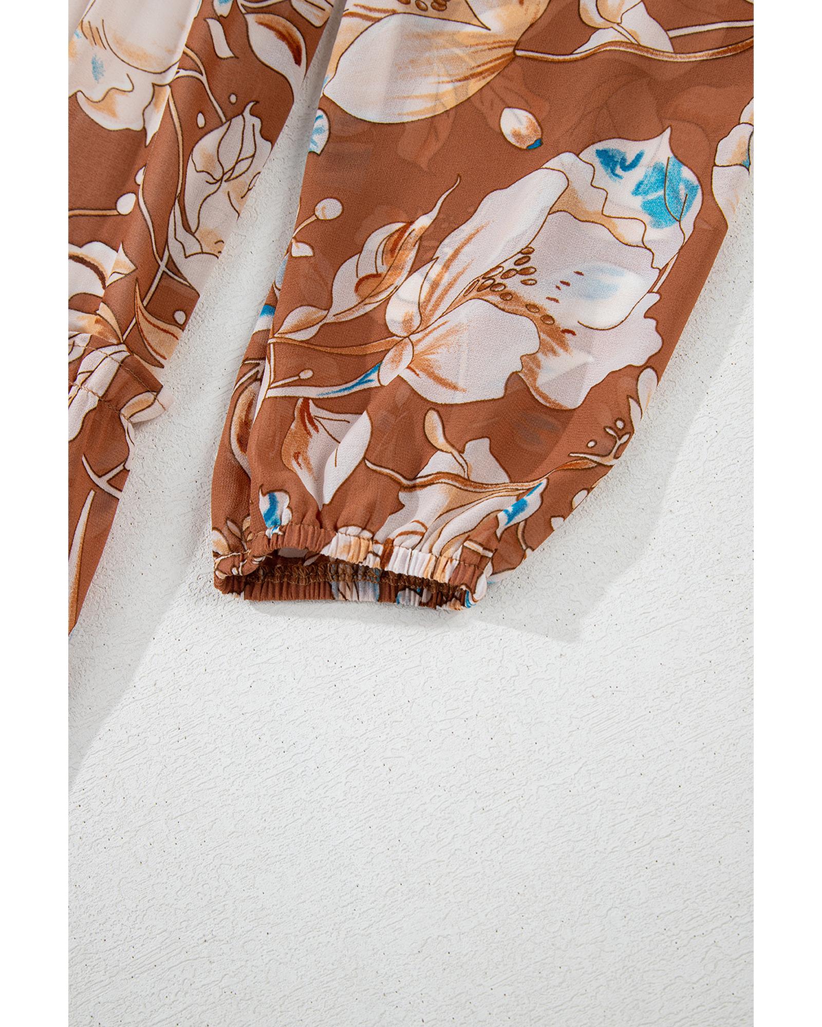 V539-AZEXDC6122501-P1720-S-202508311410-00 Brown Floral Print Shirred Square Neck High Waist Maxi Dress - S - Image 1